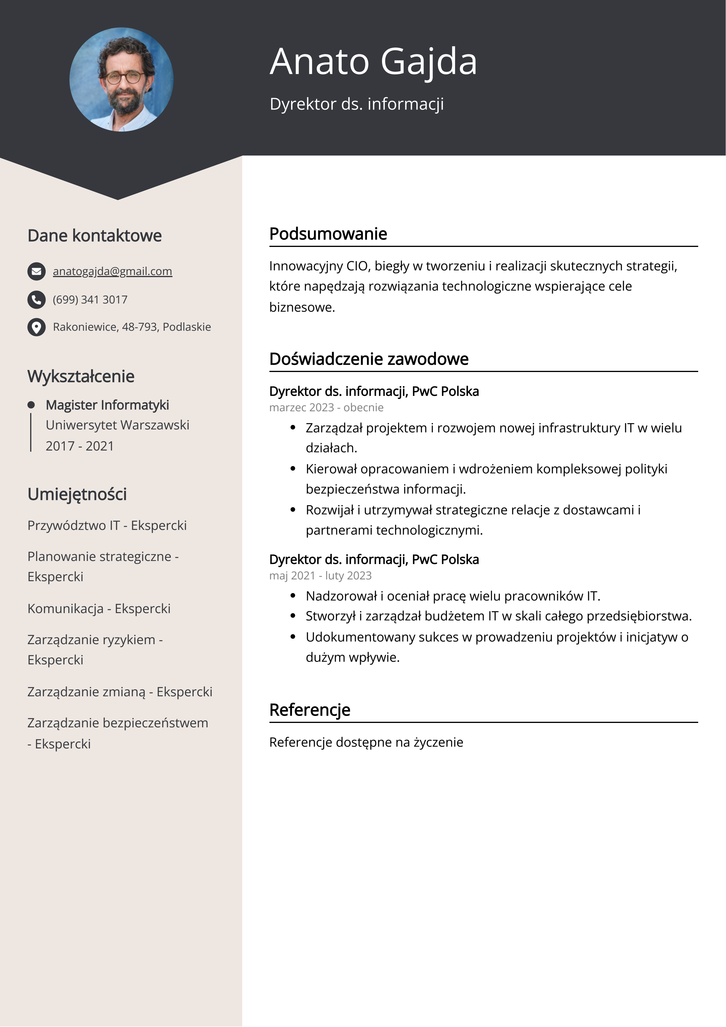 Dyrektor ds. informacji Przykład CV