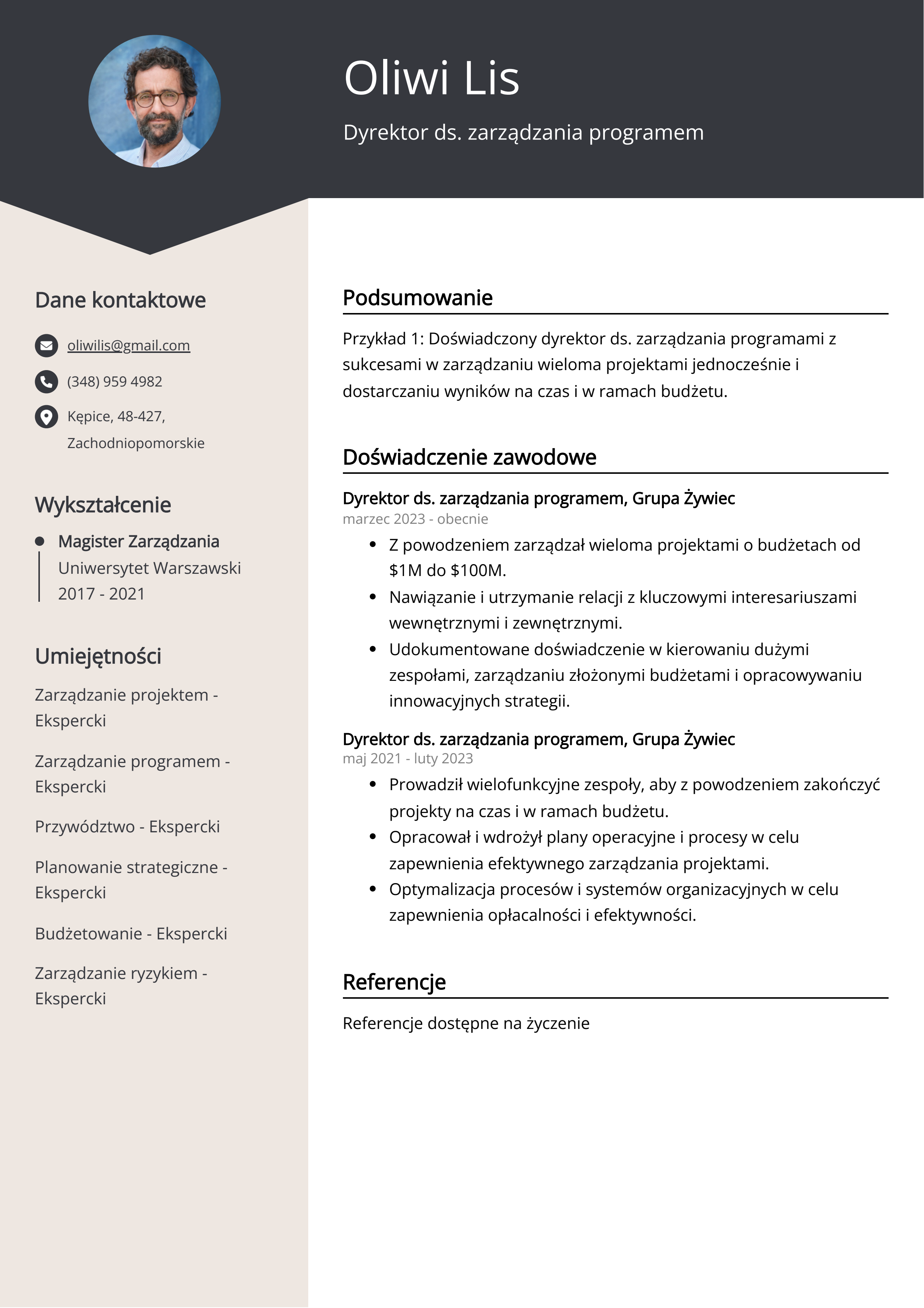 Dyrektor ds. zarządzania programem Przykład CV