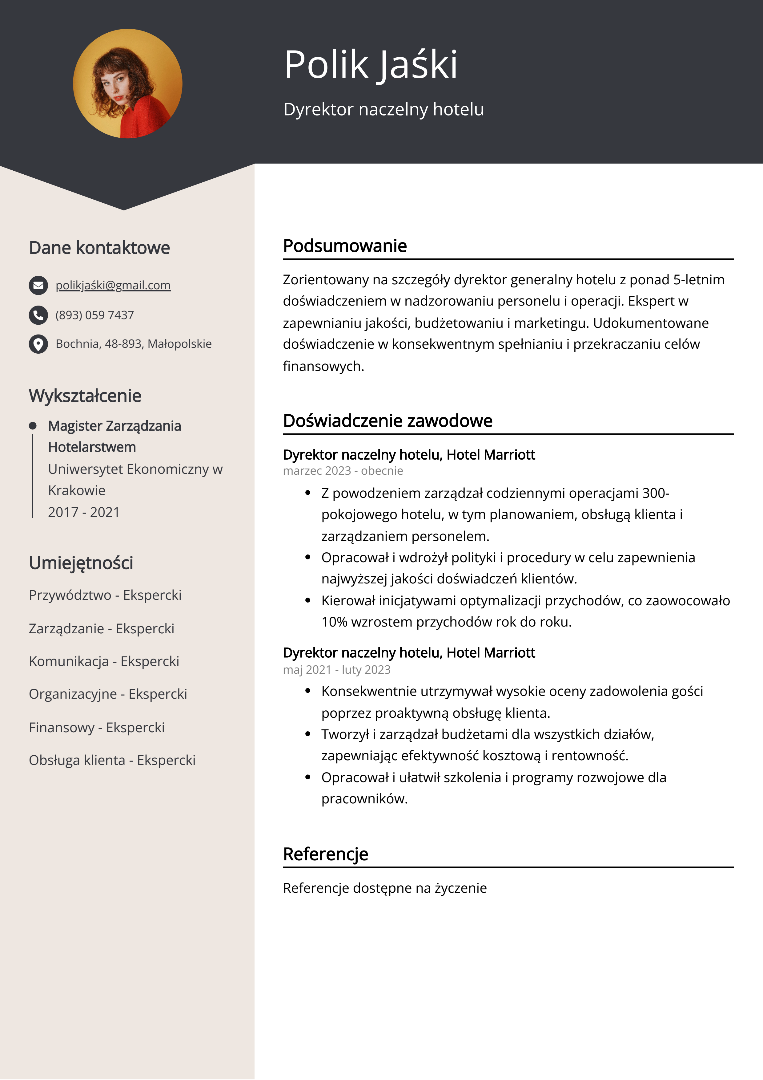 Dyrektor naczelny hotelu Przykład CV