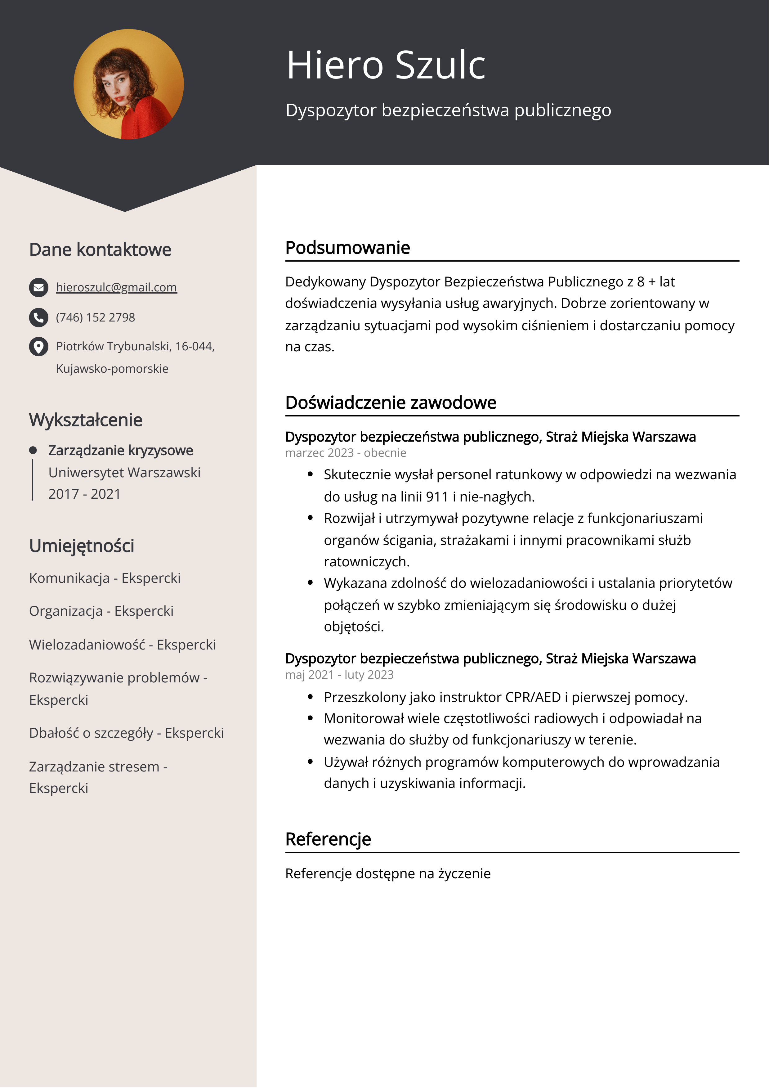 Dyspozytor bezpieczeństwa publicznego Przykład CV