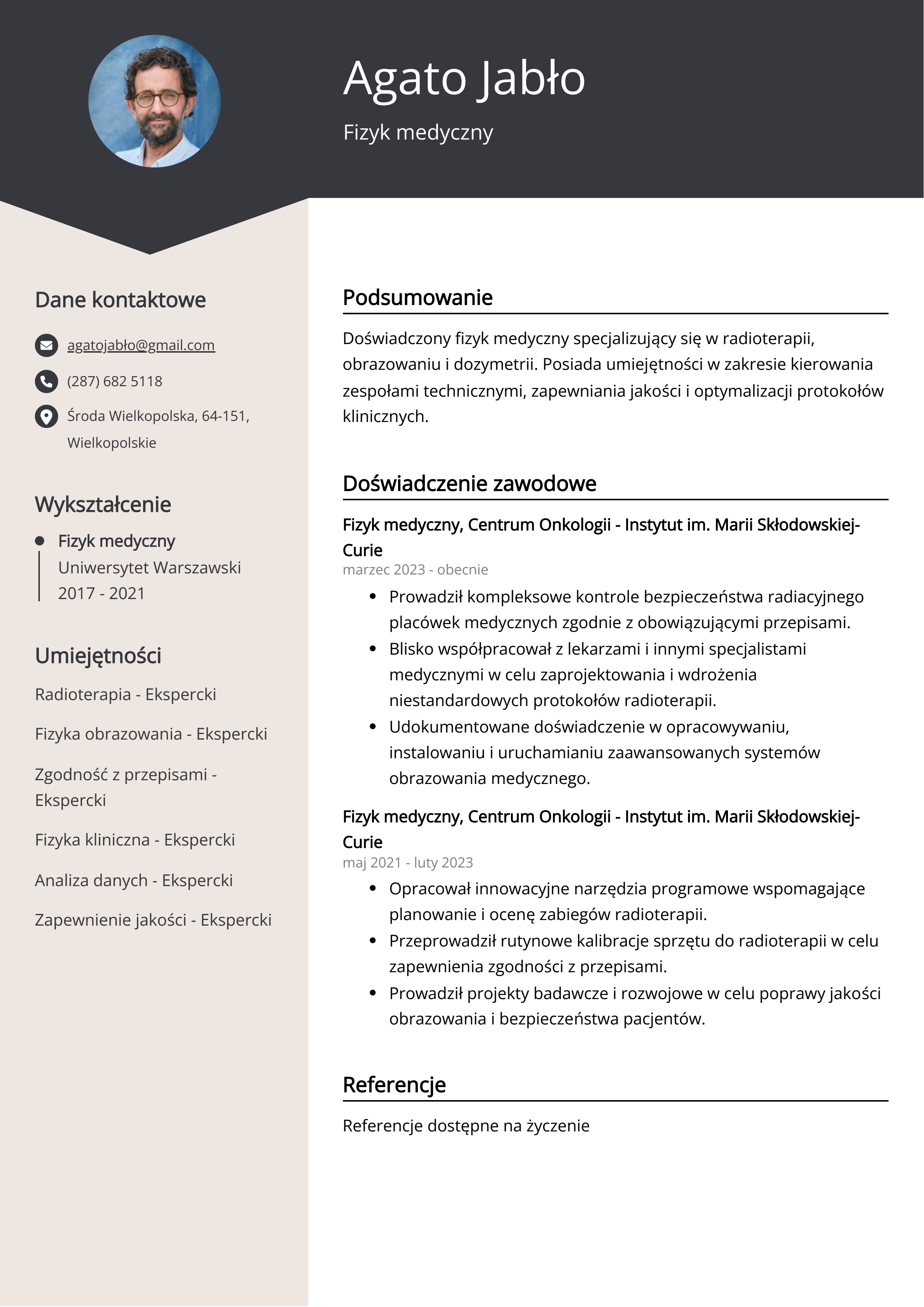 Fizyk medyczny Przykład CV