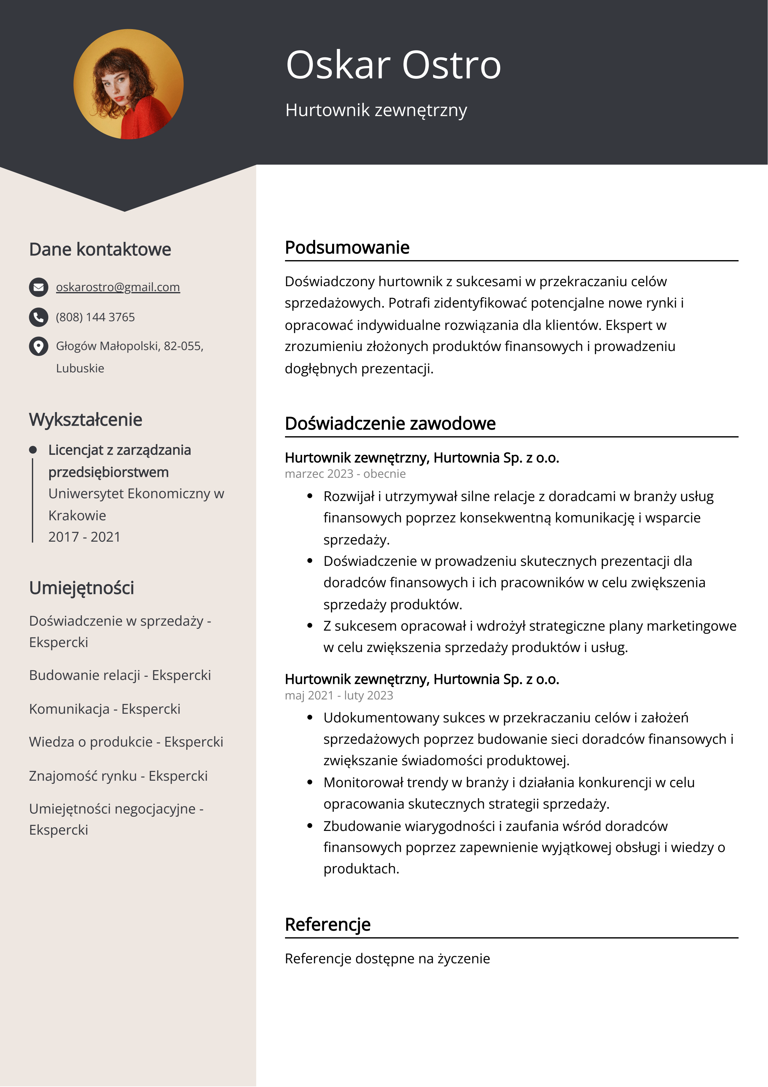 Hurtownik zewnętrzny Przykład CV