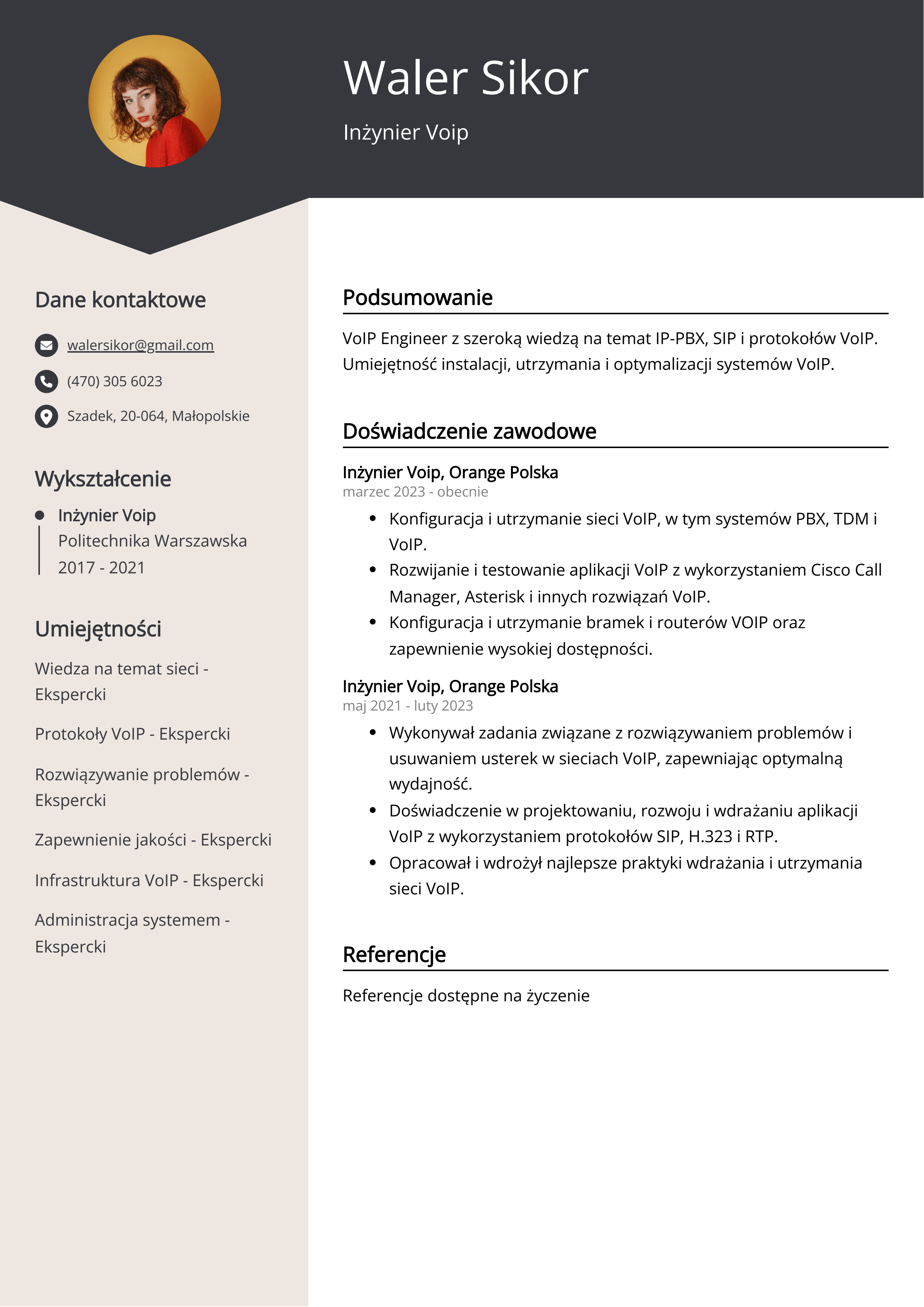 Przykład CV Inżynier Voip