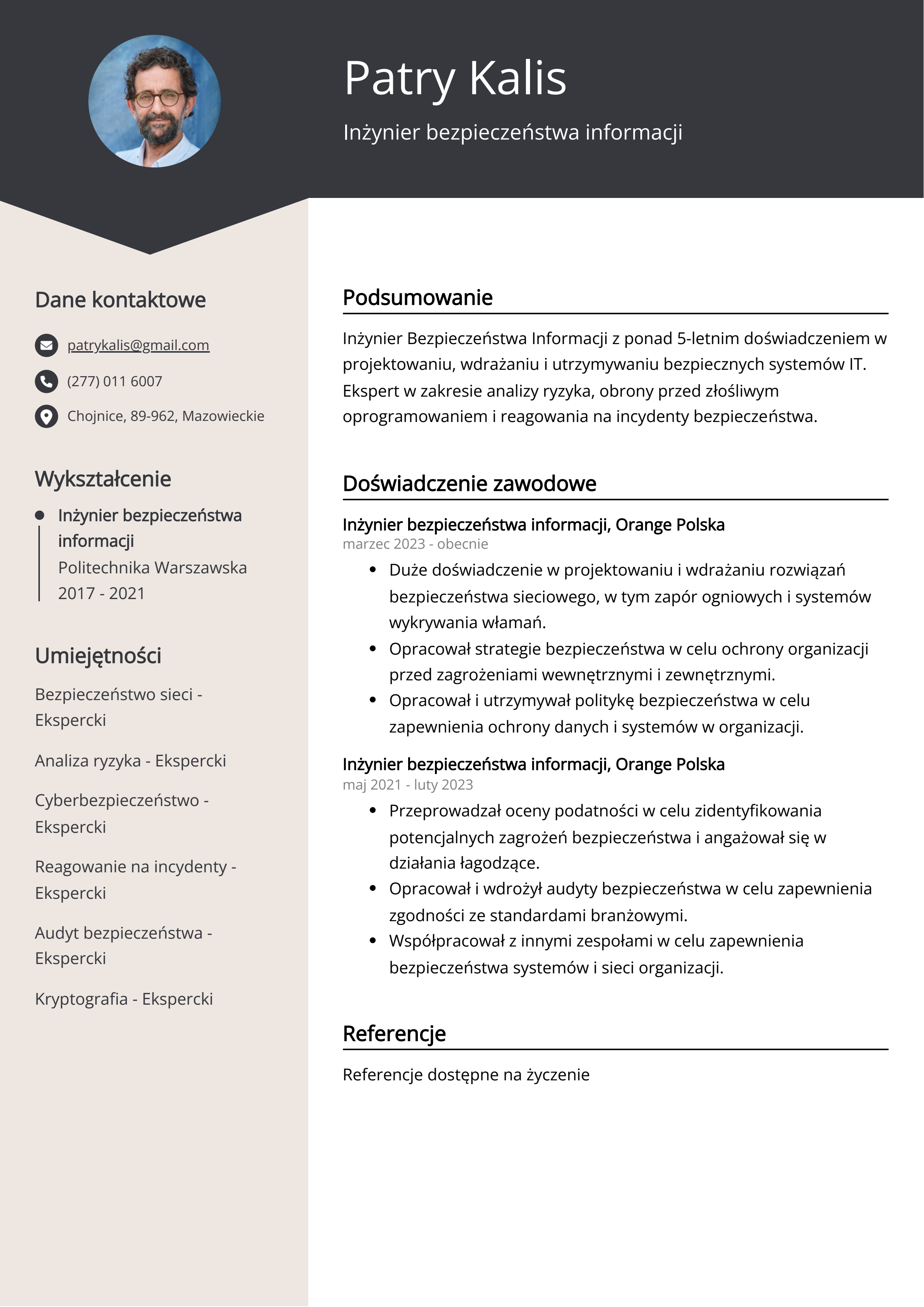 Inżynier bezpieczeństwa informacji Przykład CV