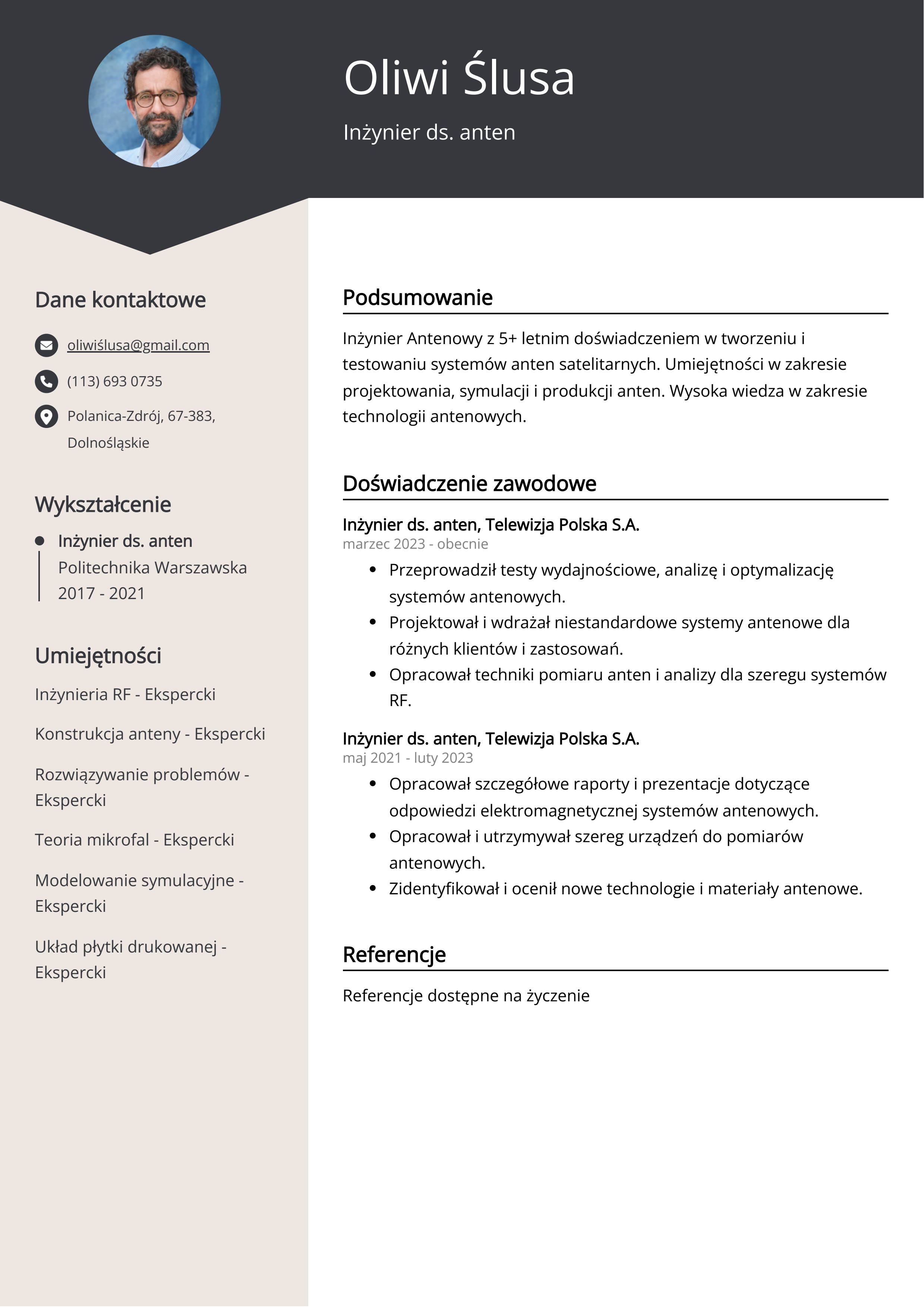 Inżynier ds. anten Przykład CV