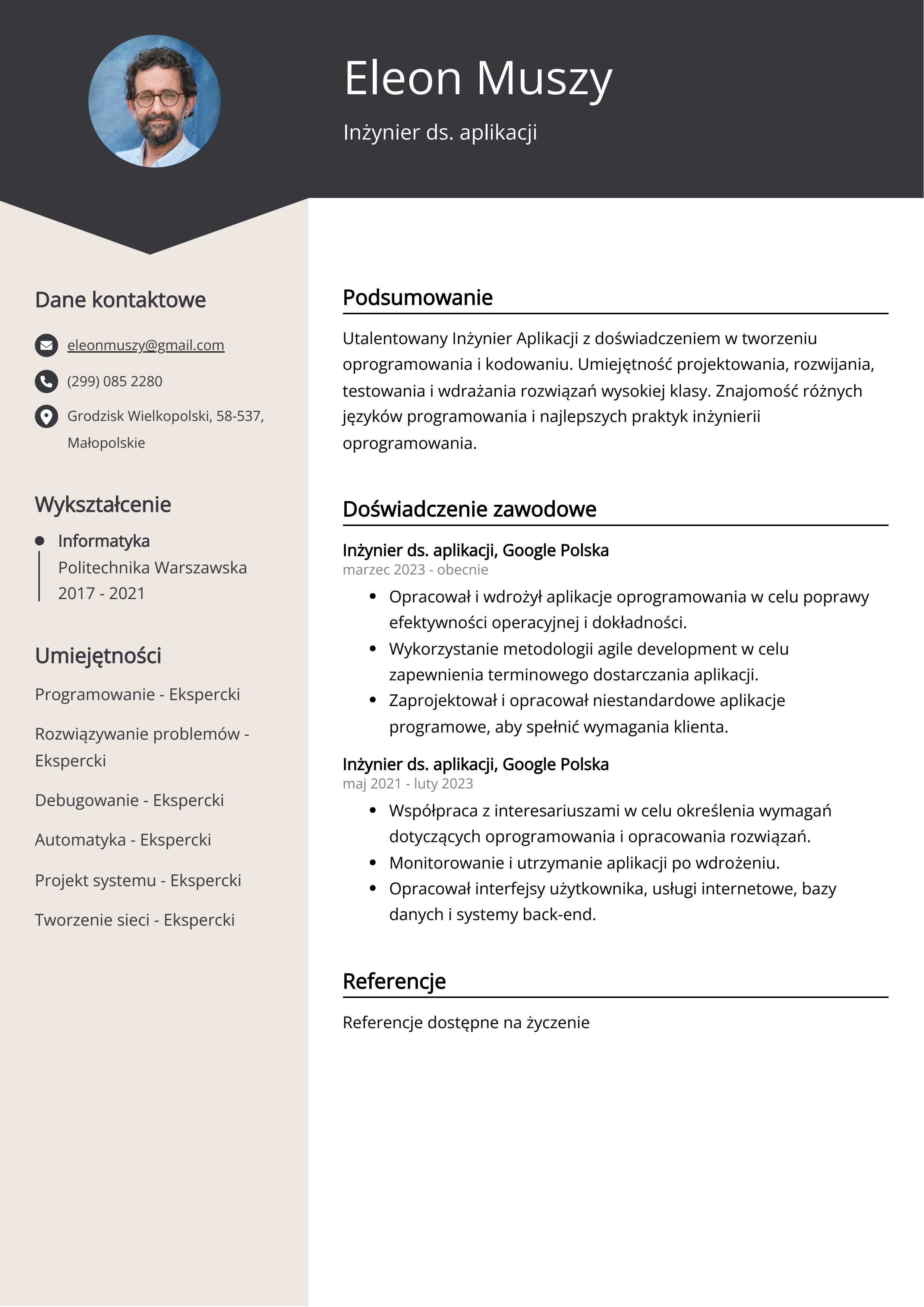 Inżynier ds. aplikacji Przykład CV