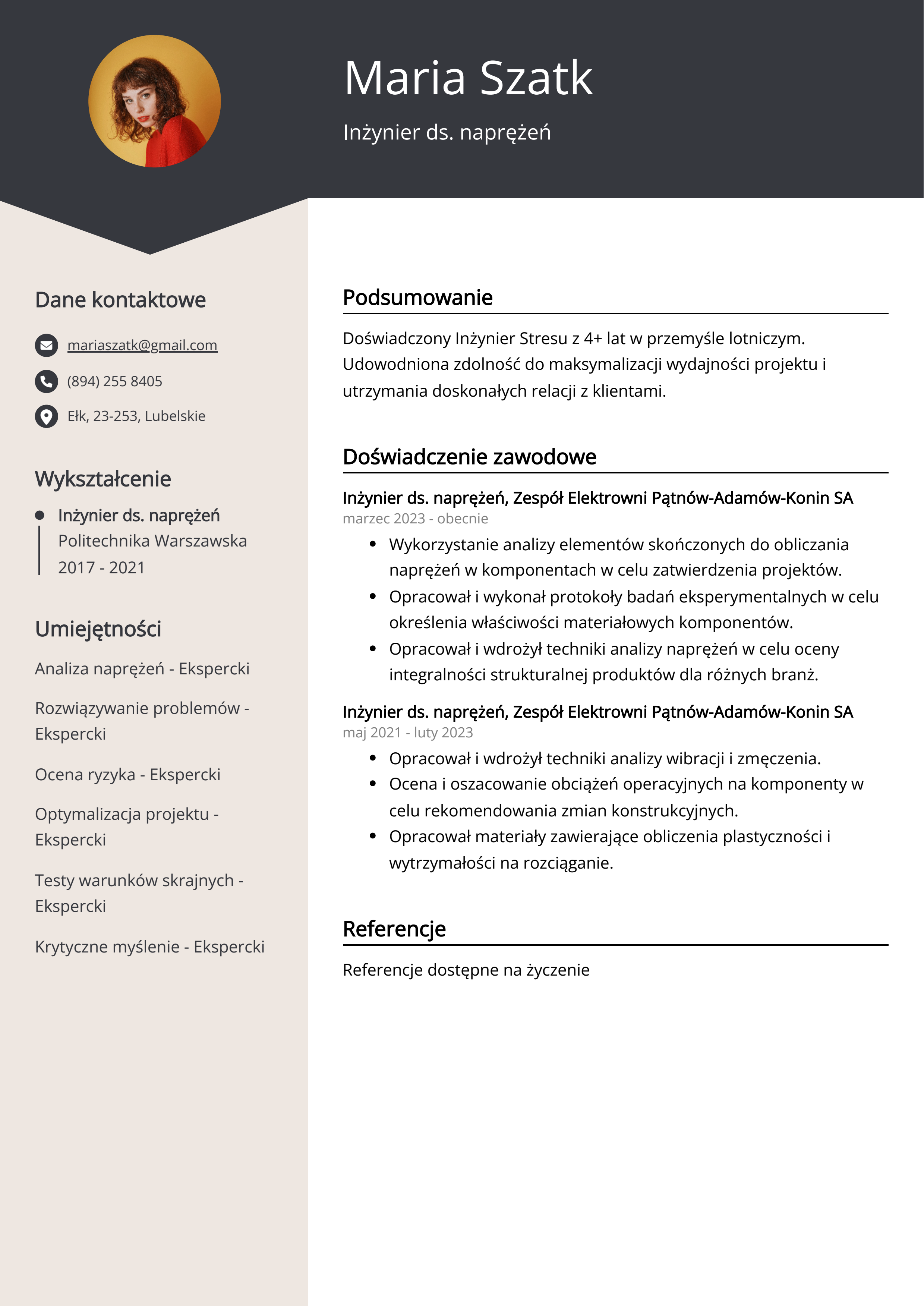 Inżynier ds. naprężeń Przykład CV