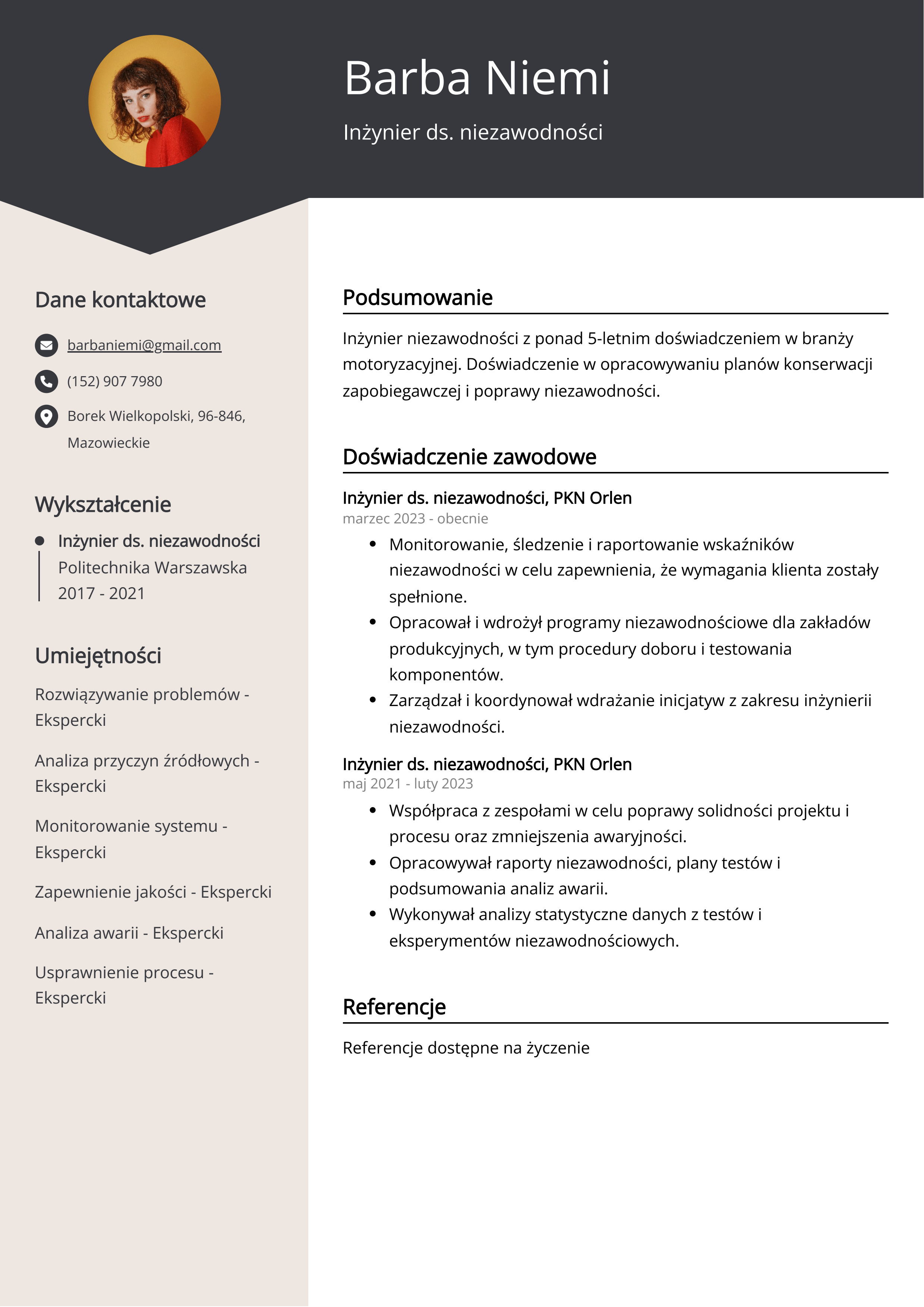 Inżynier ds. niezawodności Przykład CV