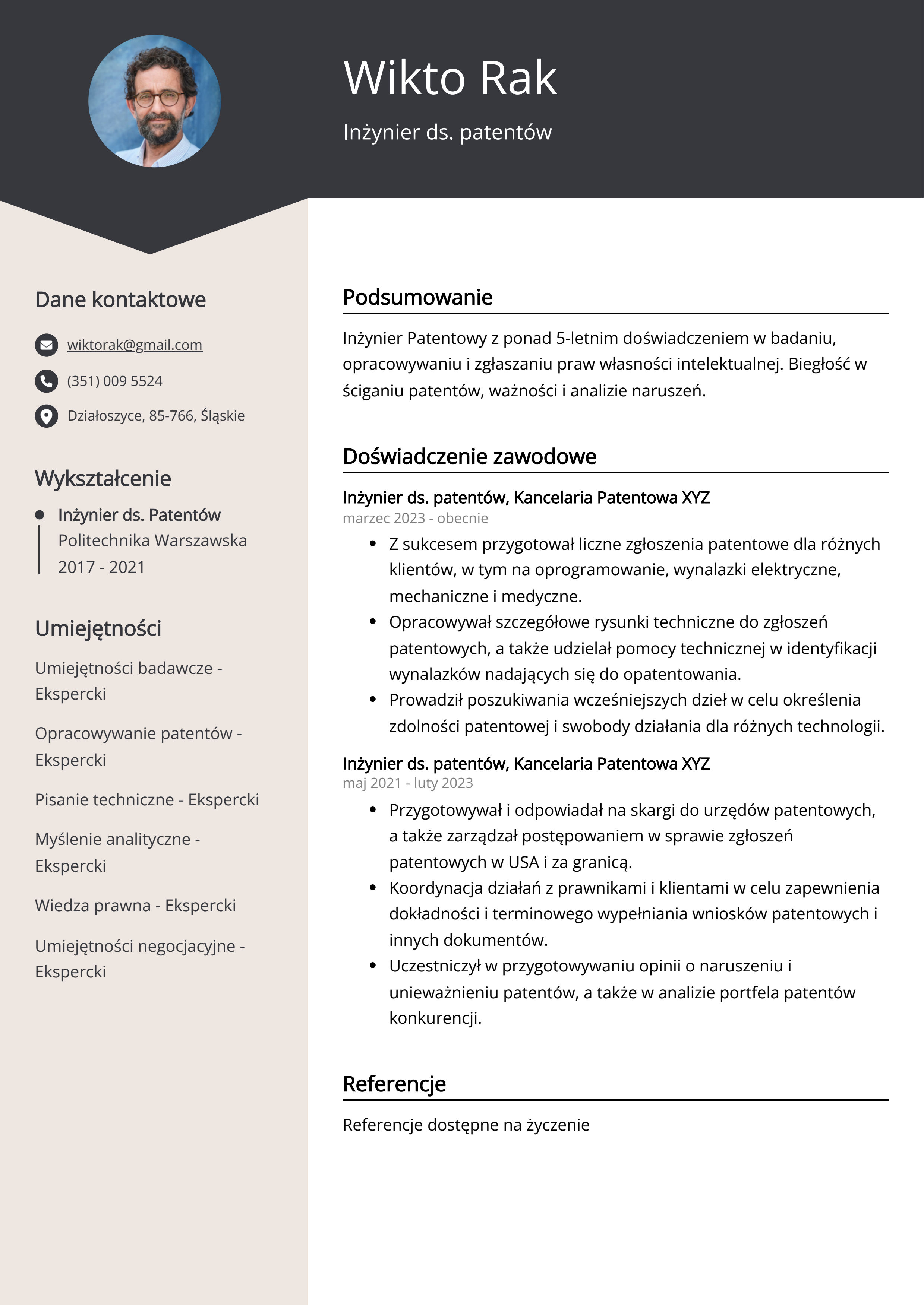 Inżynier ds. patentów Przykład CV