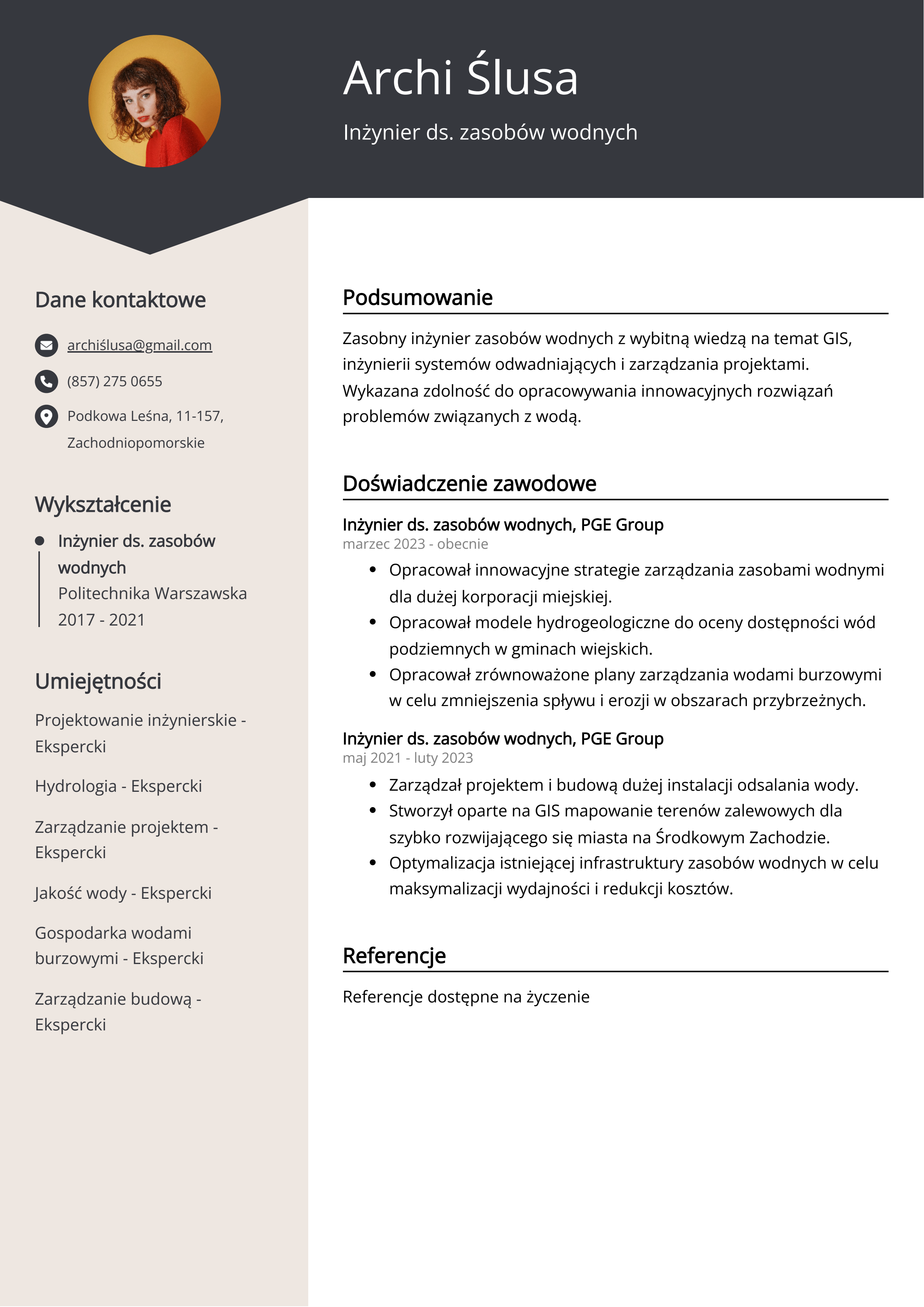 Inżynier ds. zasobów wodnych Przykład CV