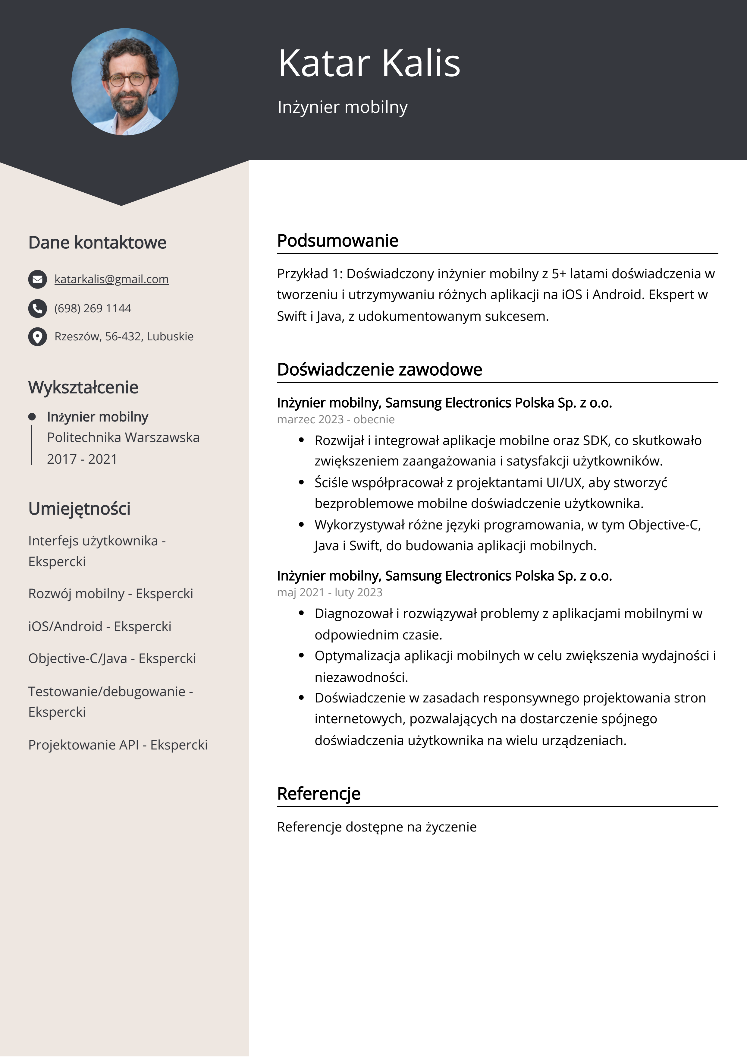 Inżynier mobilny Przykład CV