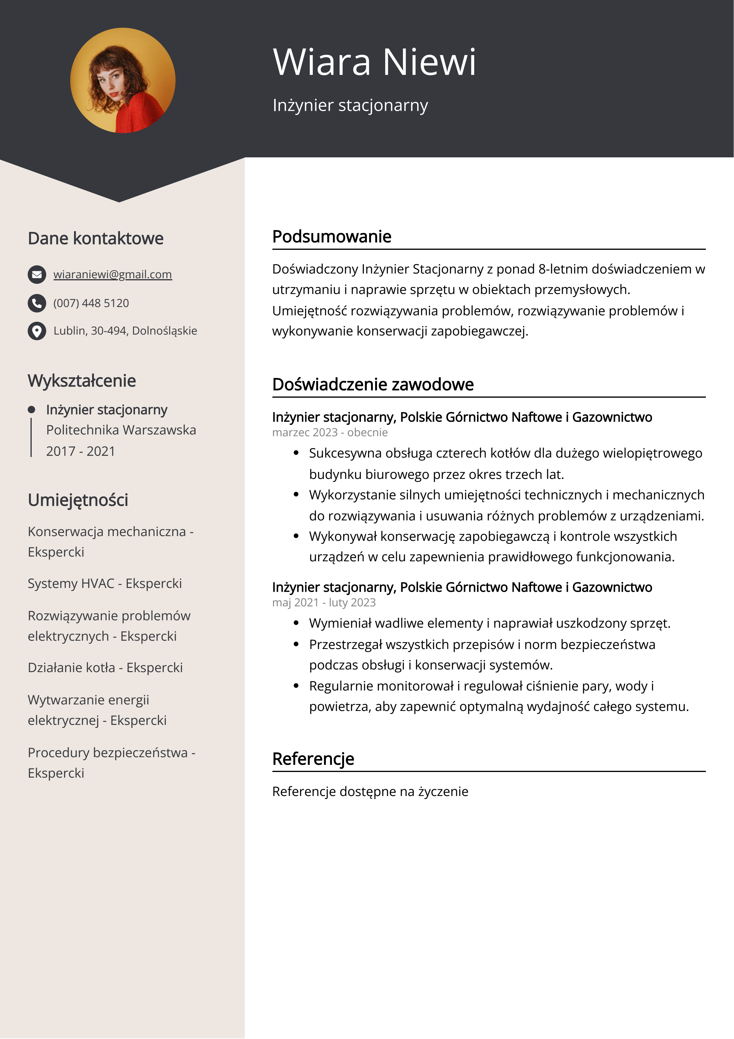 Inżynier stacjonarny Przykład CV