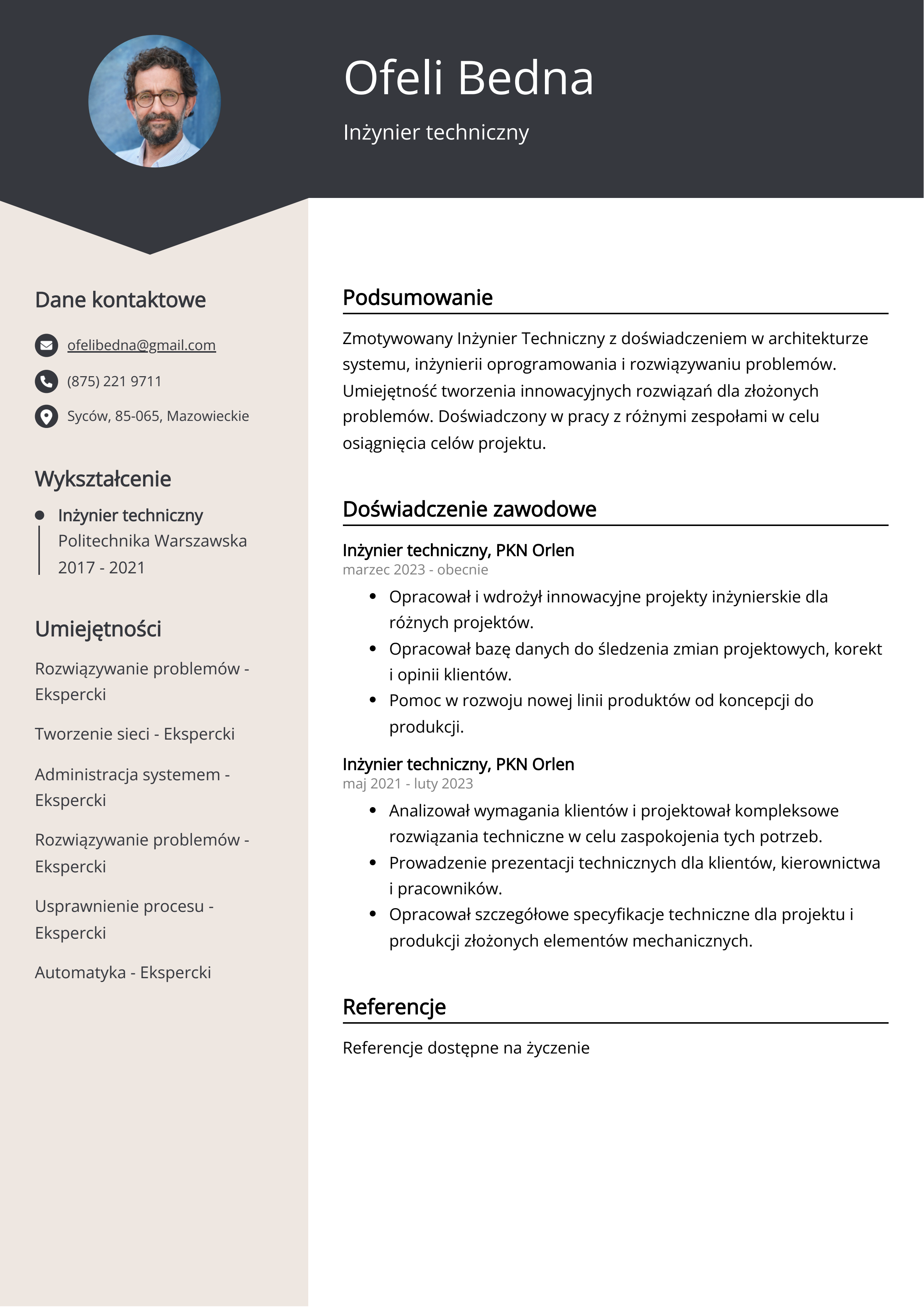 Inżynier techniczny Przykład CV