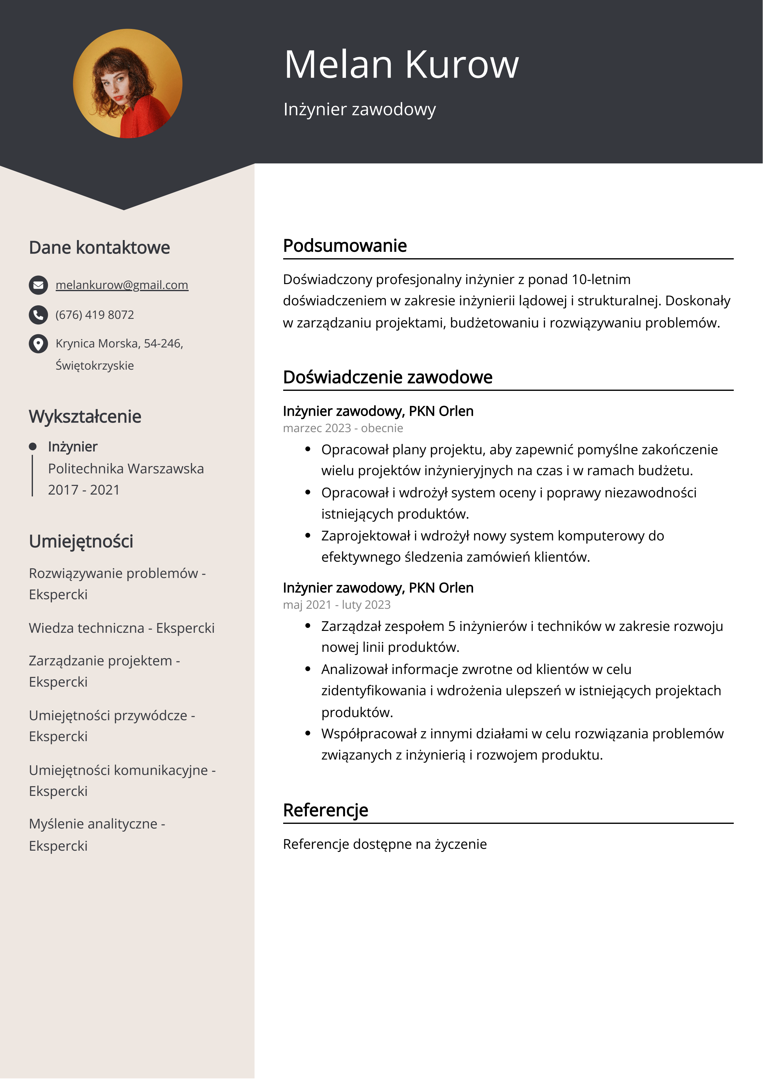 Inżynier zawodowy Przykład CV