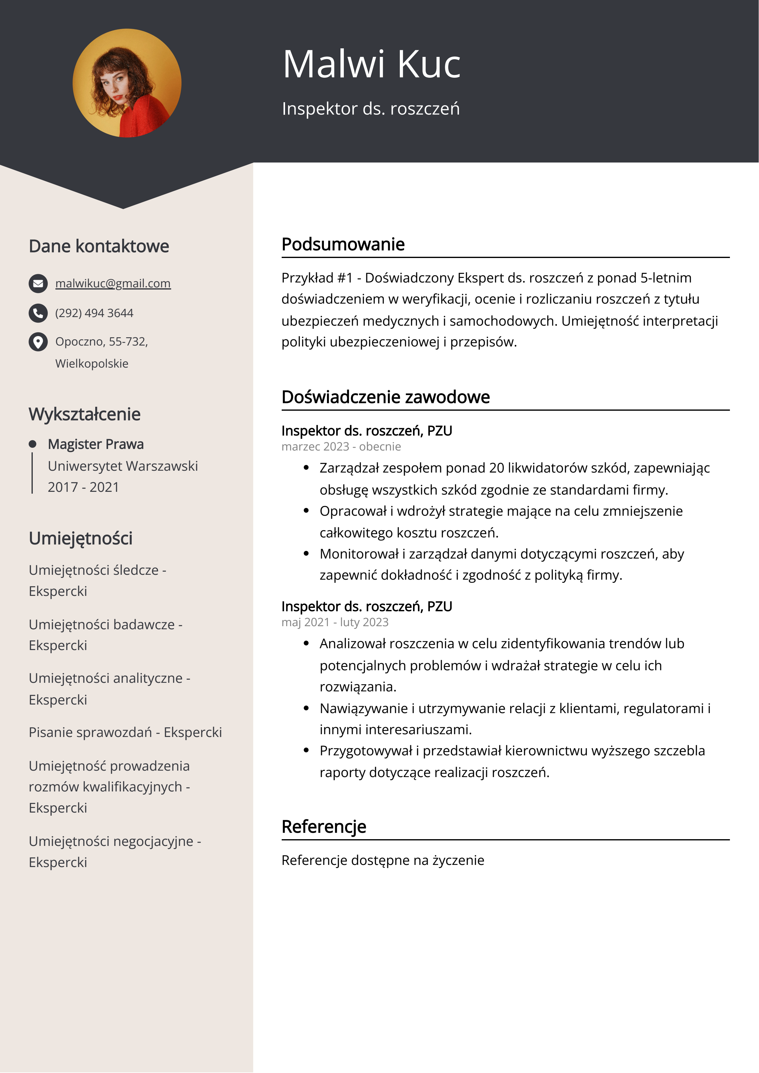 Inspektor ds. roszczeń Przykład CV