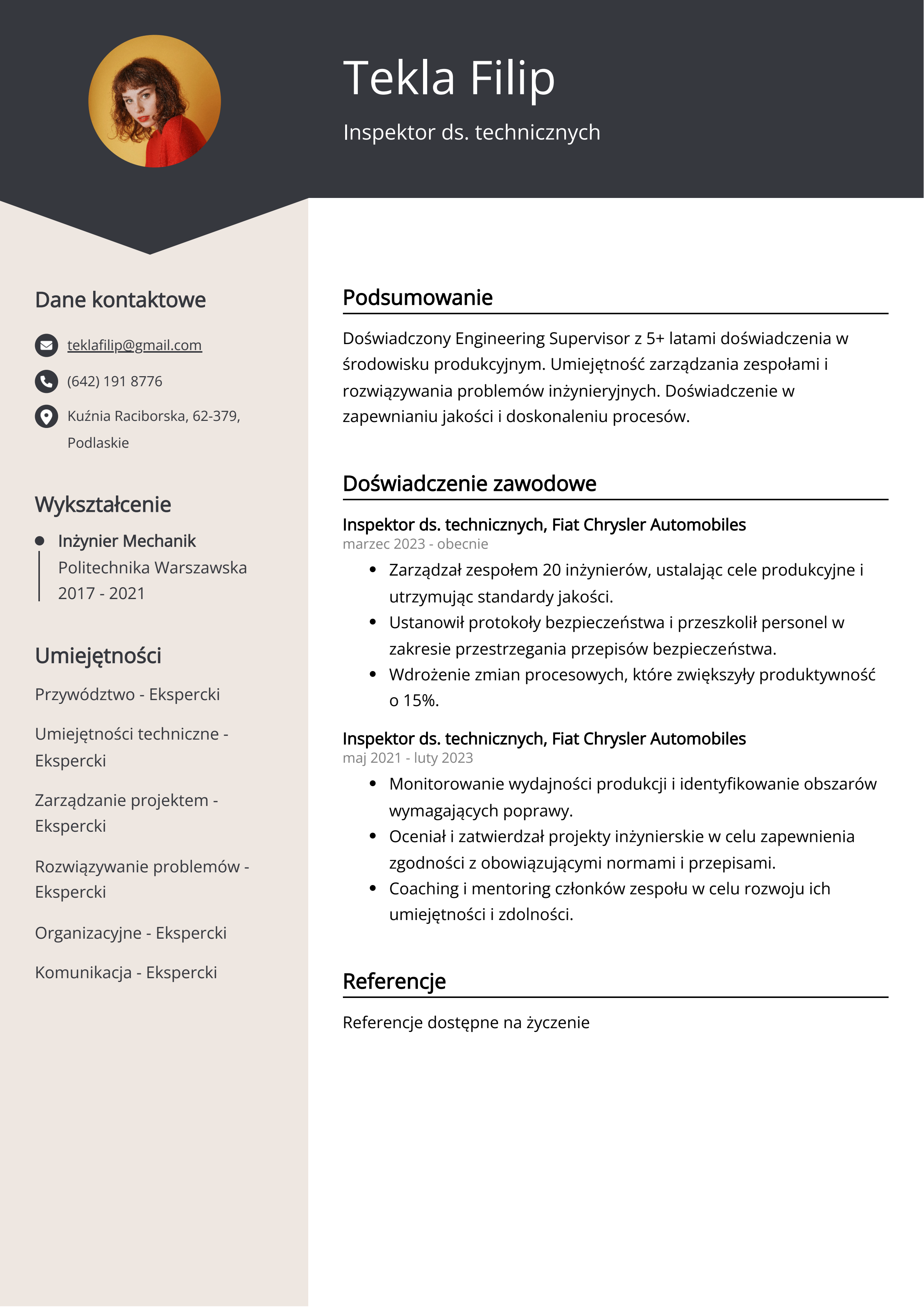 Inspektor ds. technicznych Przykład CV