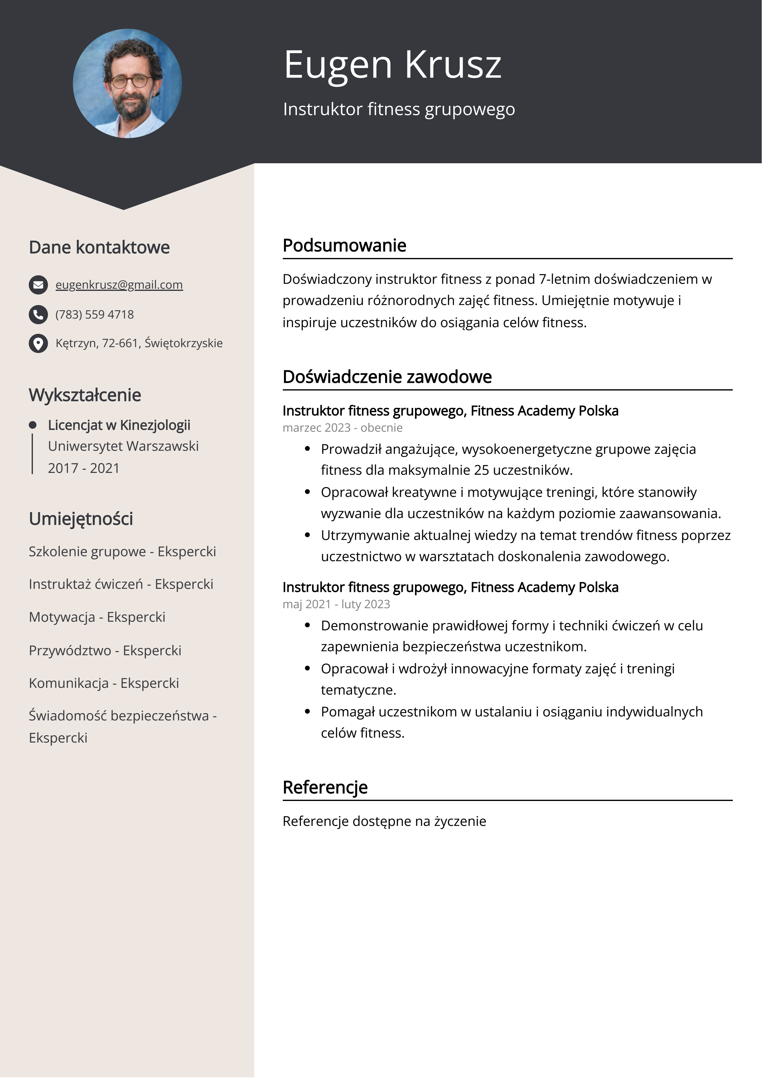 Instruktor fitness grupowego Przykład CV