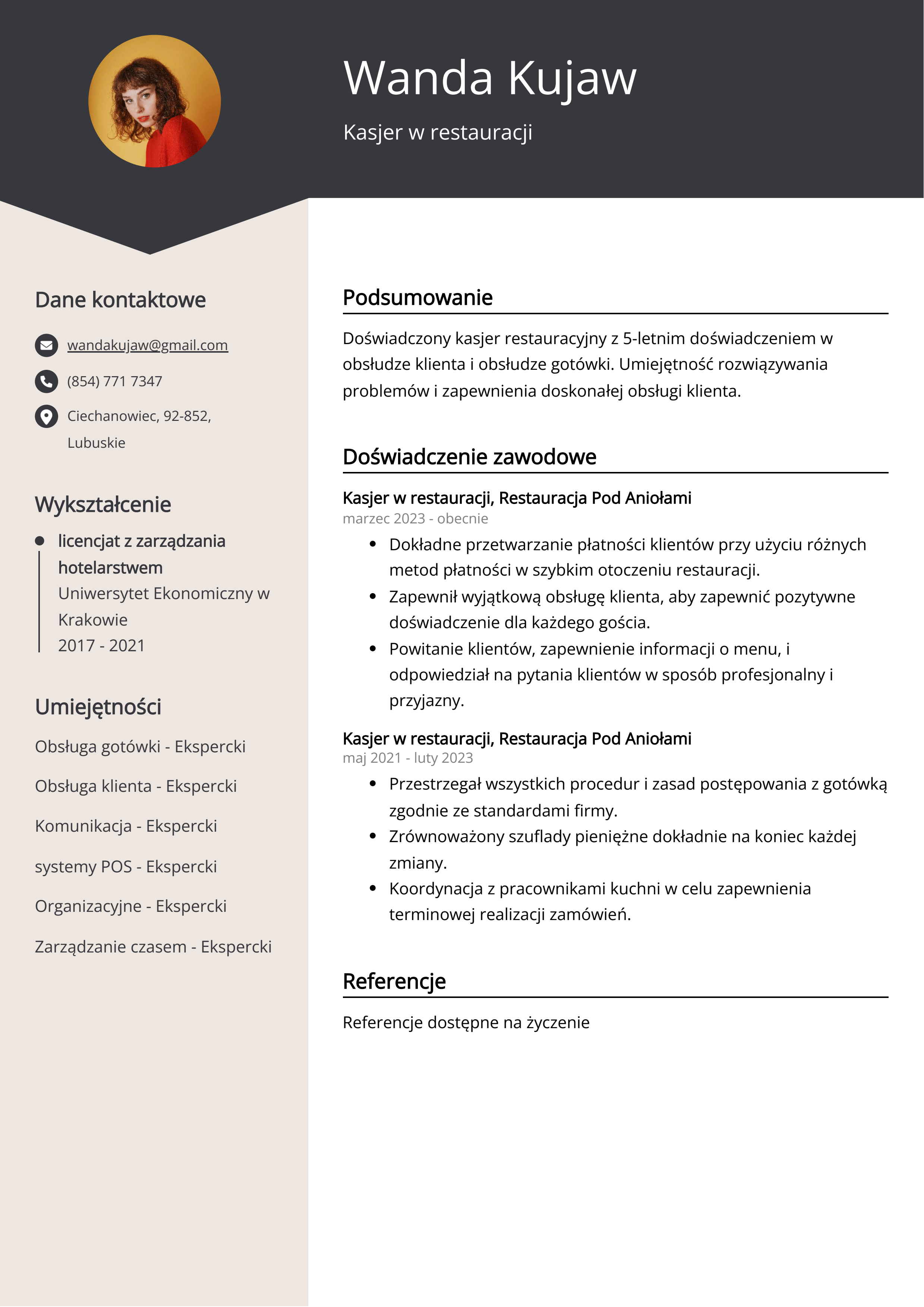 Kasjer w restauracji Przykład CV