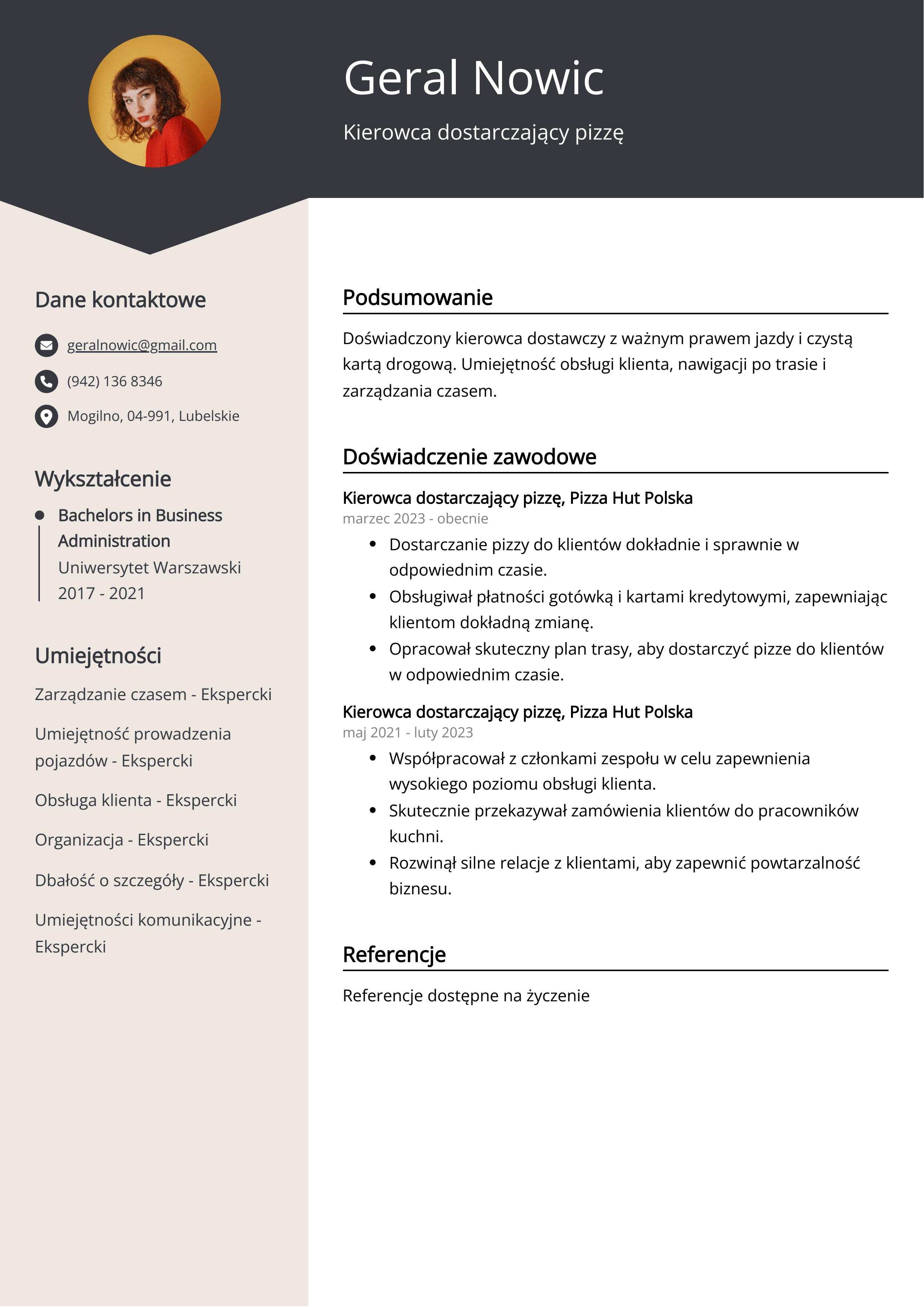 Kierowca dostarczający pizzę Przykład CV