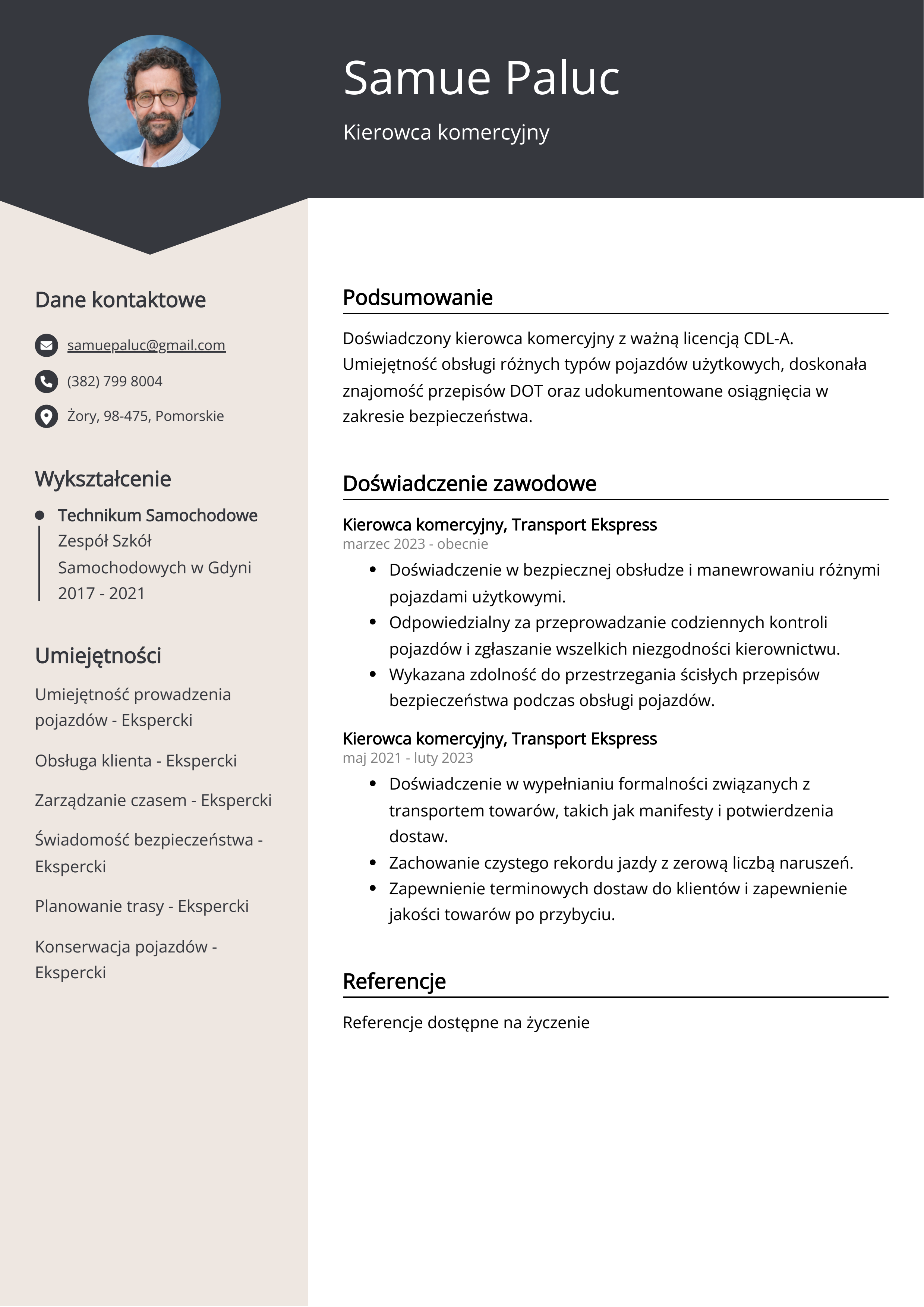 Kierowca komercyjny Przykład CV