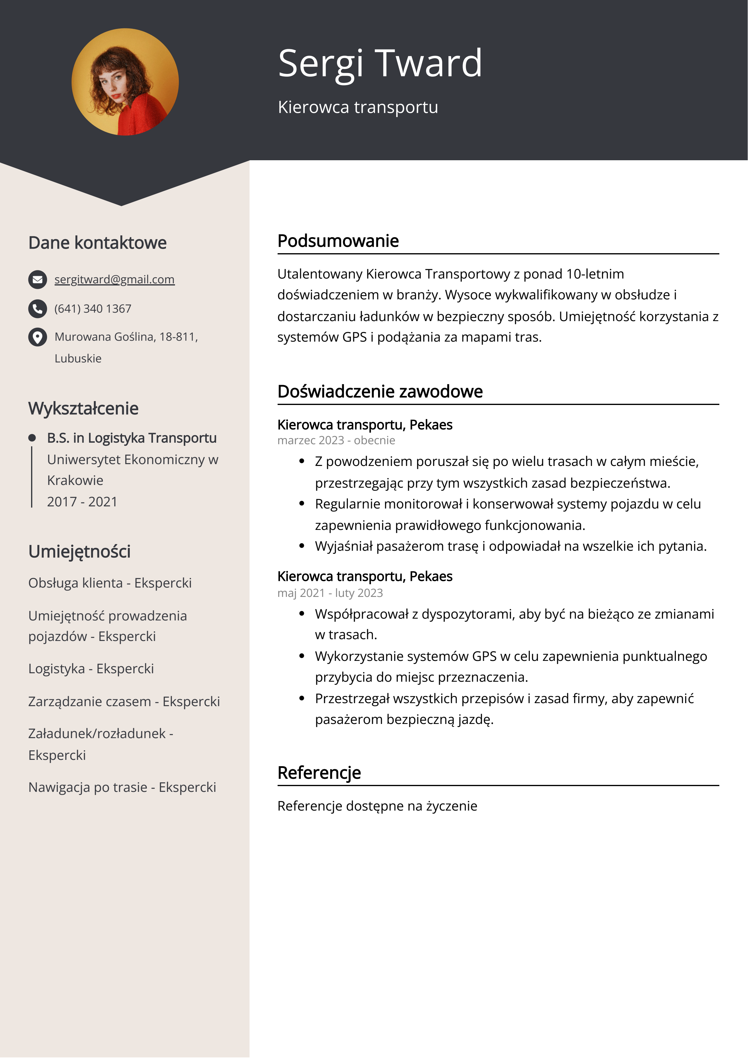 Kierowca transportu Przykład CV