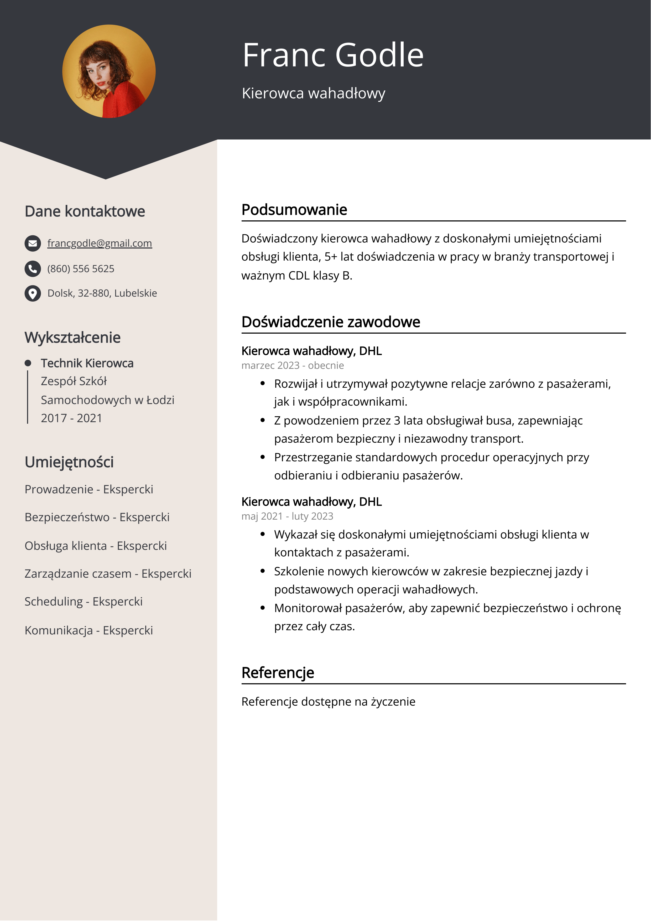 Kierowca wahadłowy Przykład CV