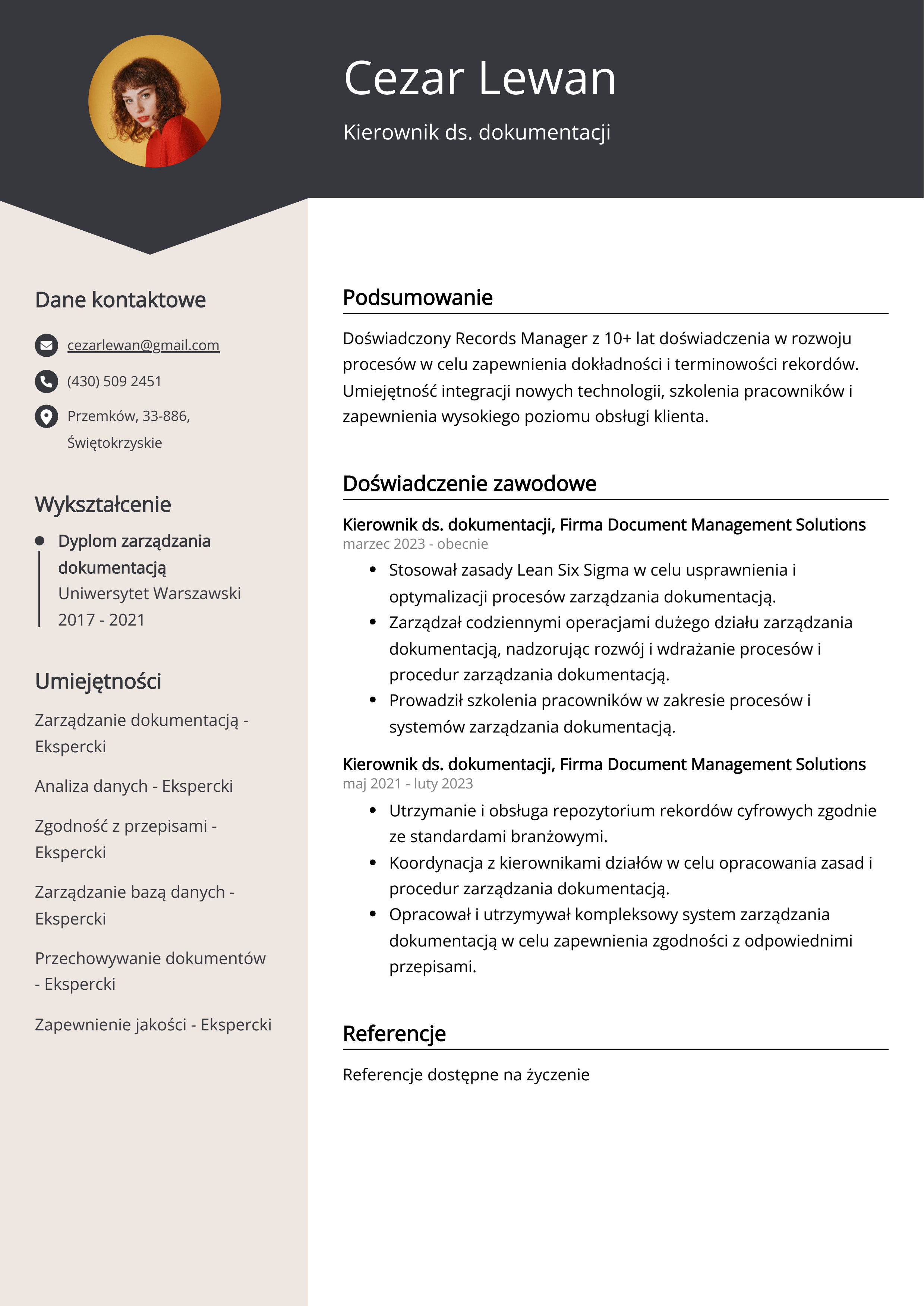 Kierownik ds. dokumentacji Przykład CV