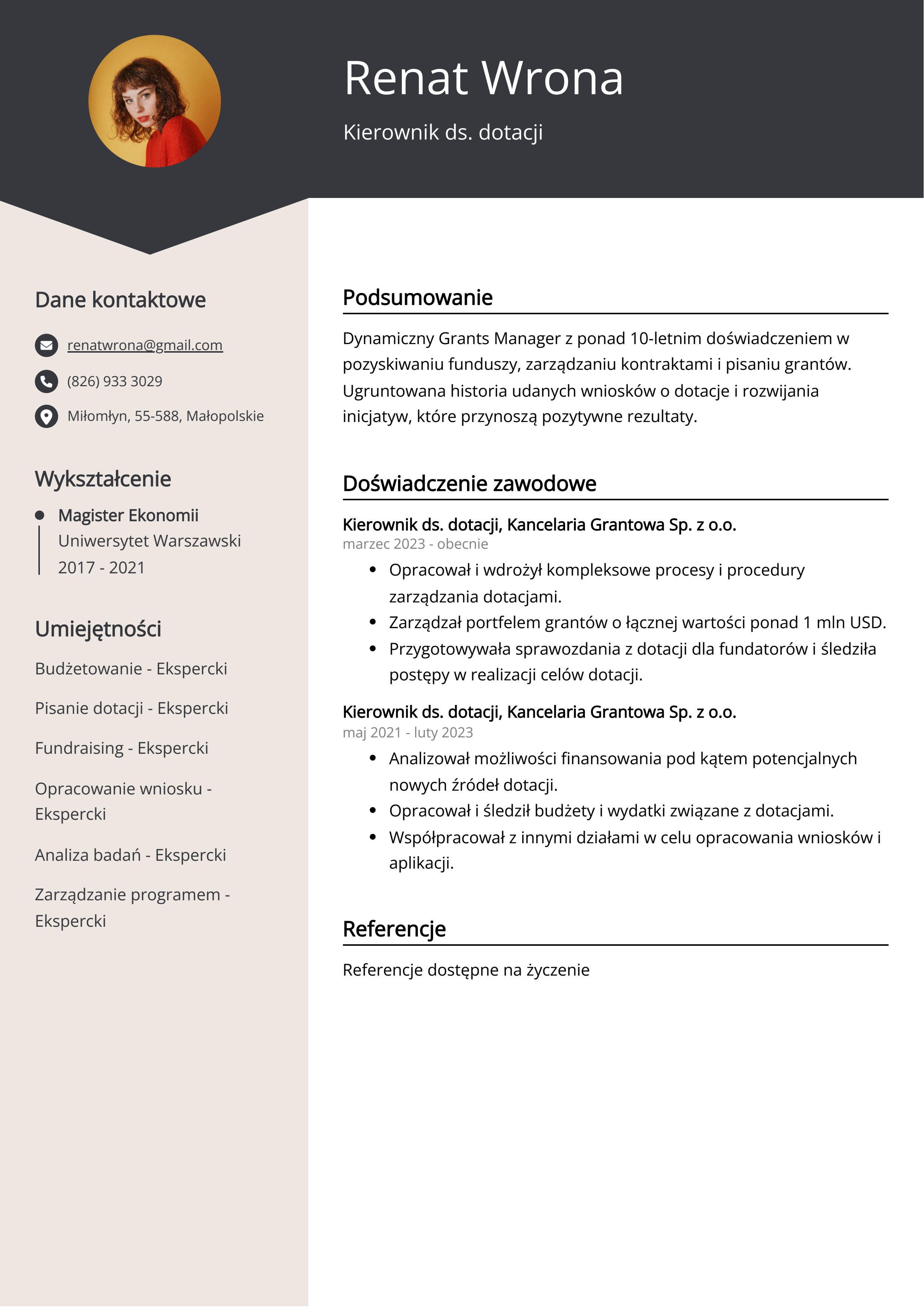 Kierownik ds. dotacji Przykład CV