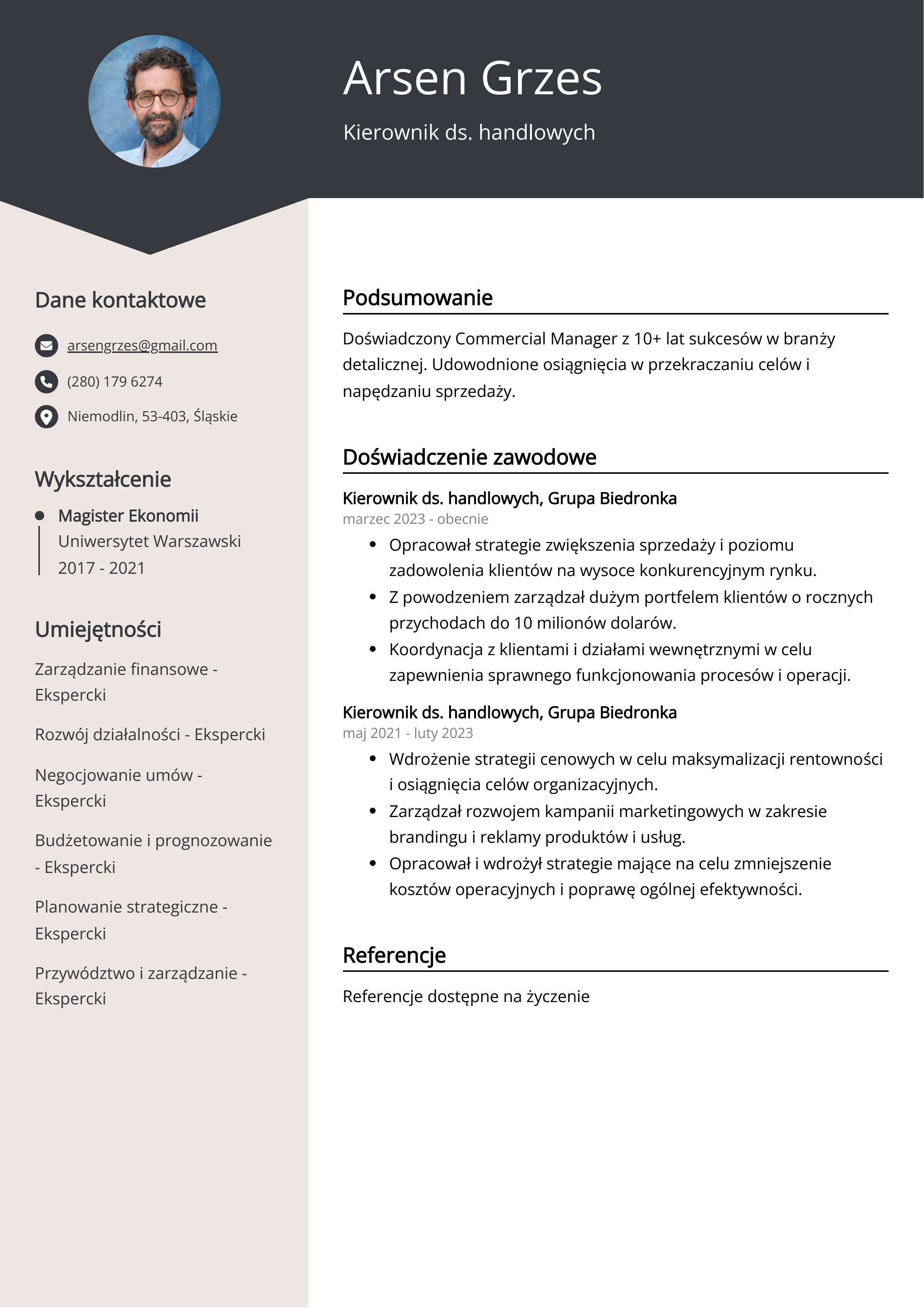 Kierownik ds. handlowych Przykład CV