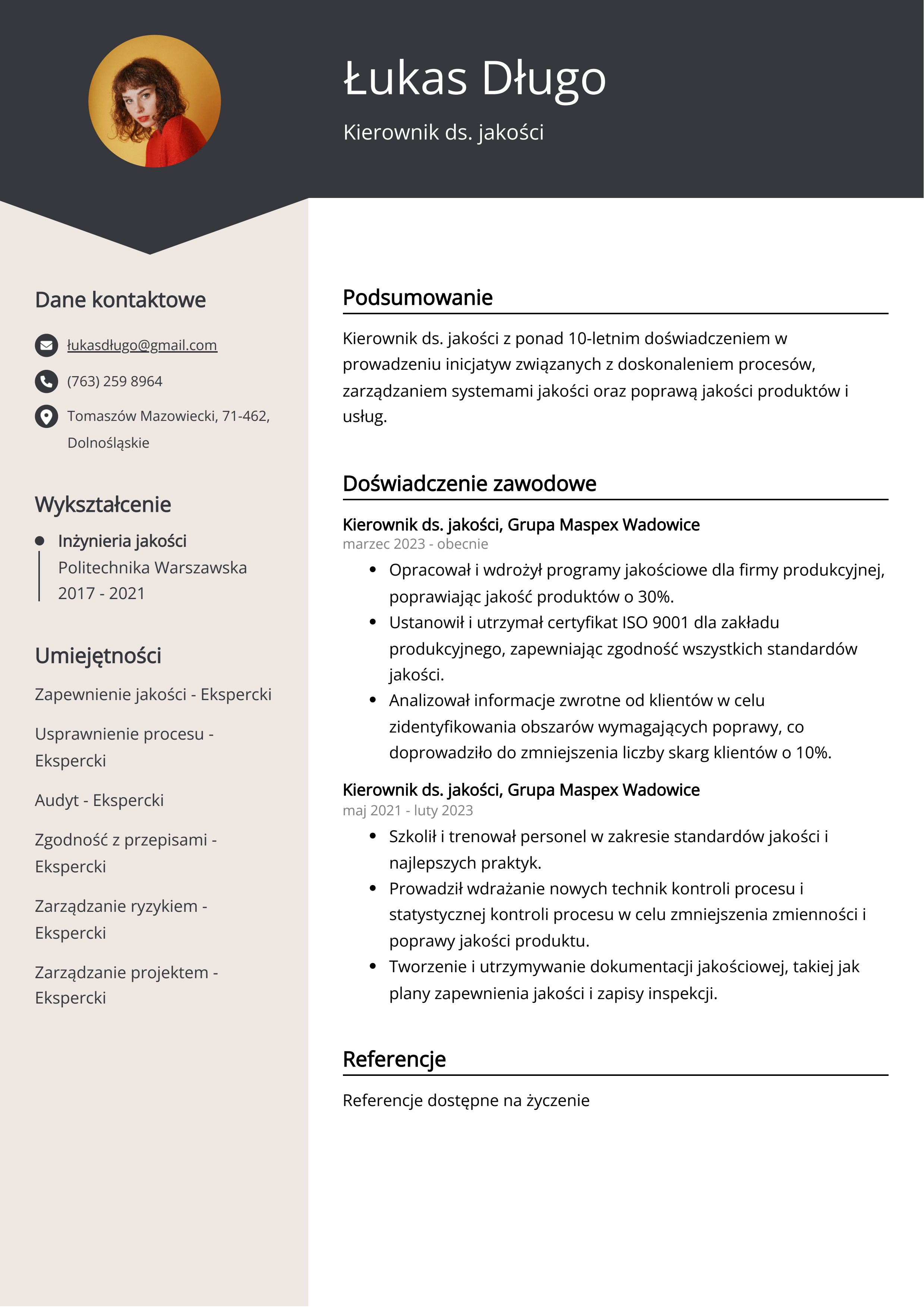 Kierownik ds. jakości Przykład CV