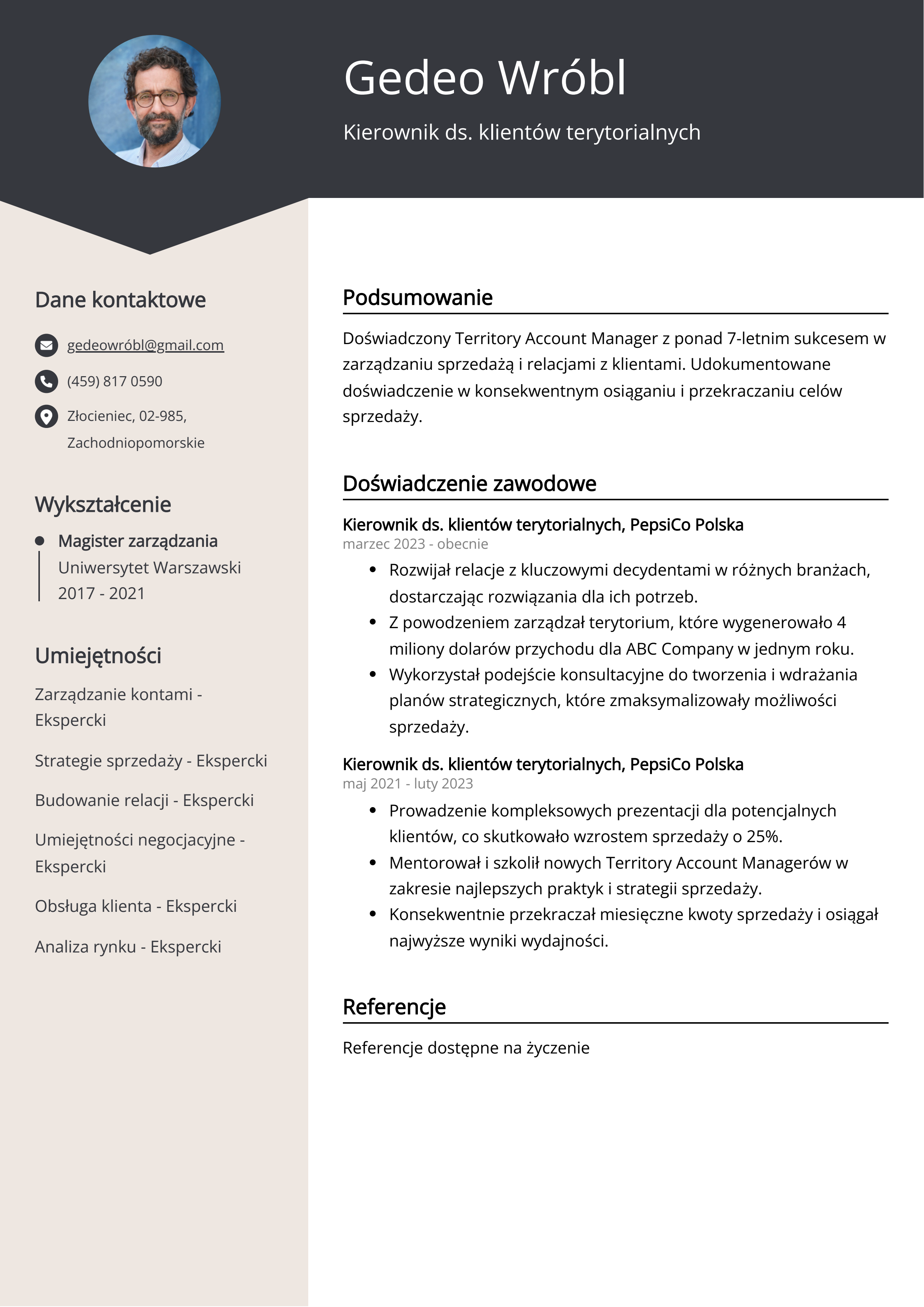 Kierownik ds. klientów terytorialnych Przykład CV