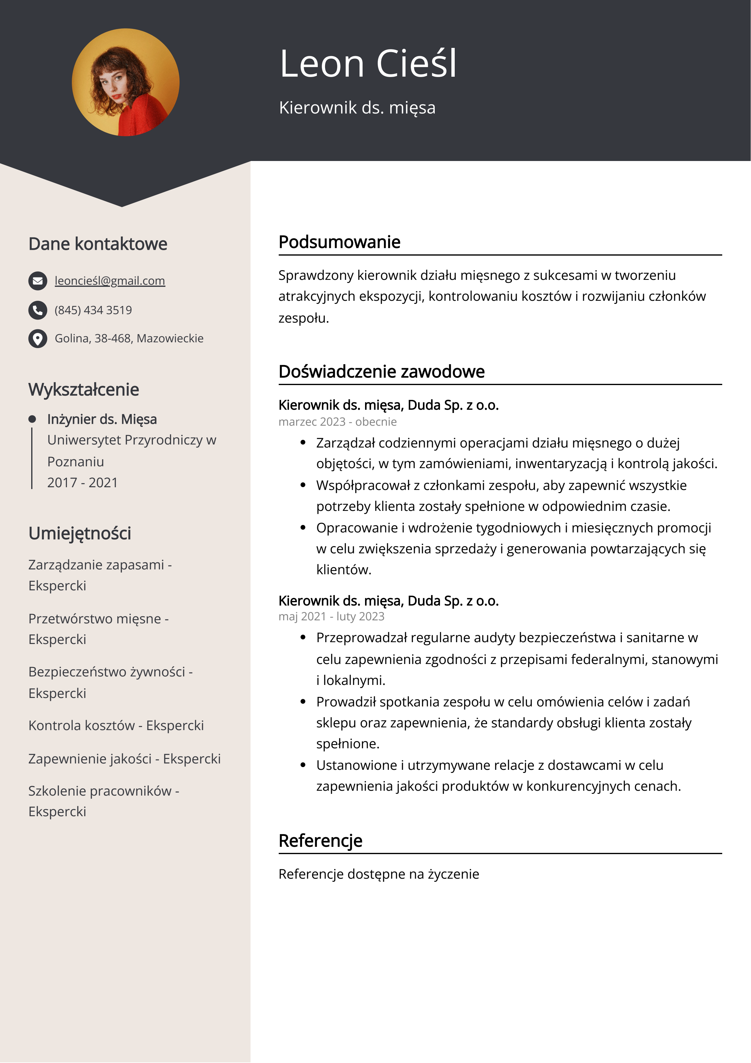 Kierownik ds. mięsa Przykład CV