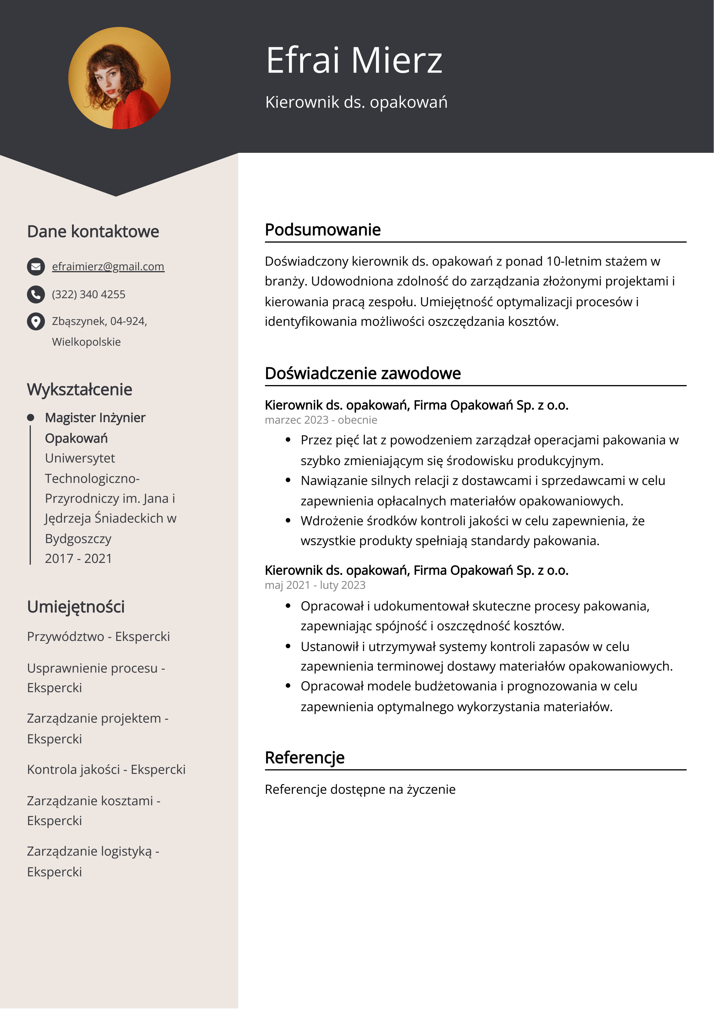 Kierownik ds. opakowań Przykład CV