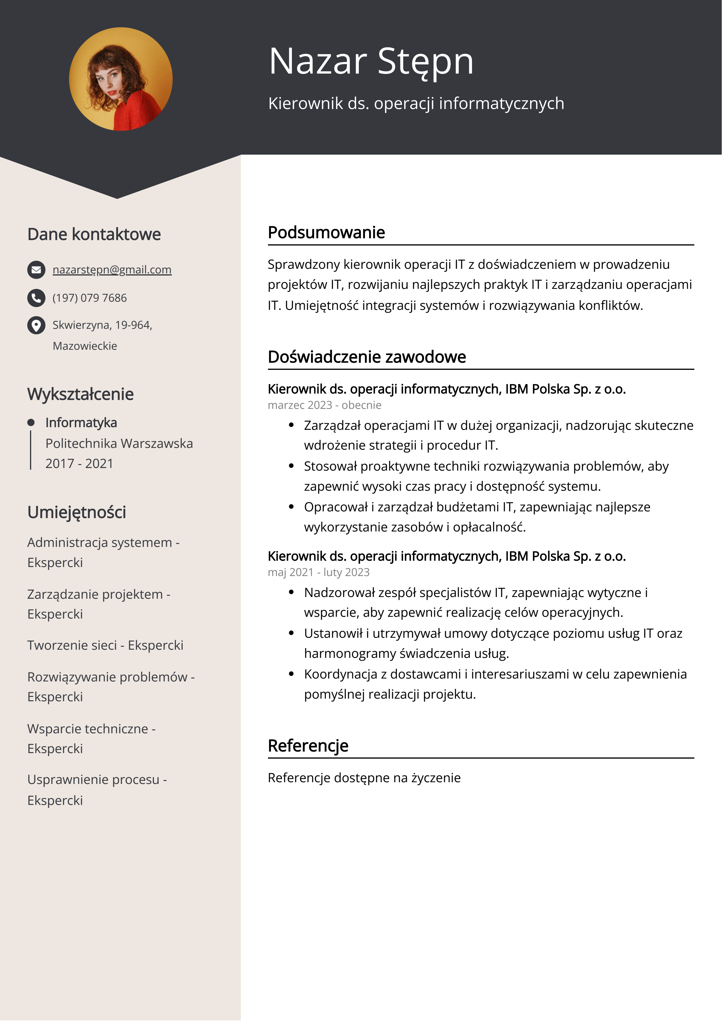 Kierownik ds. operacji informatycznych Przykład CV