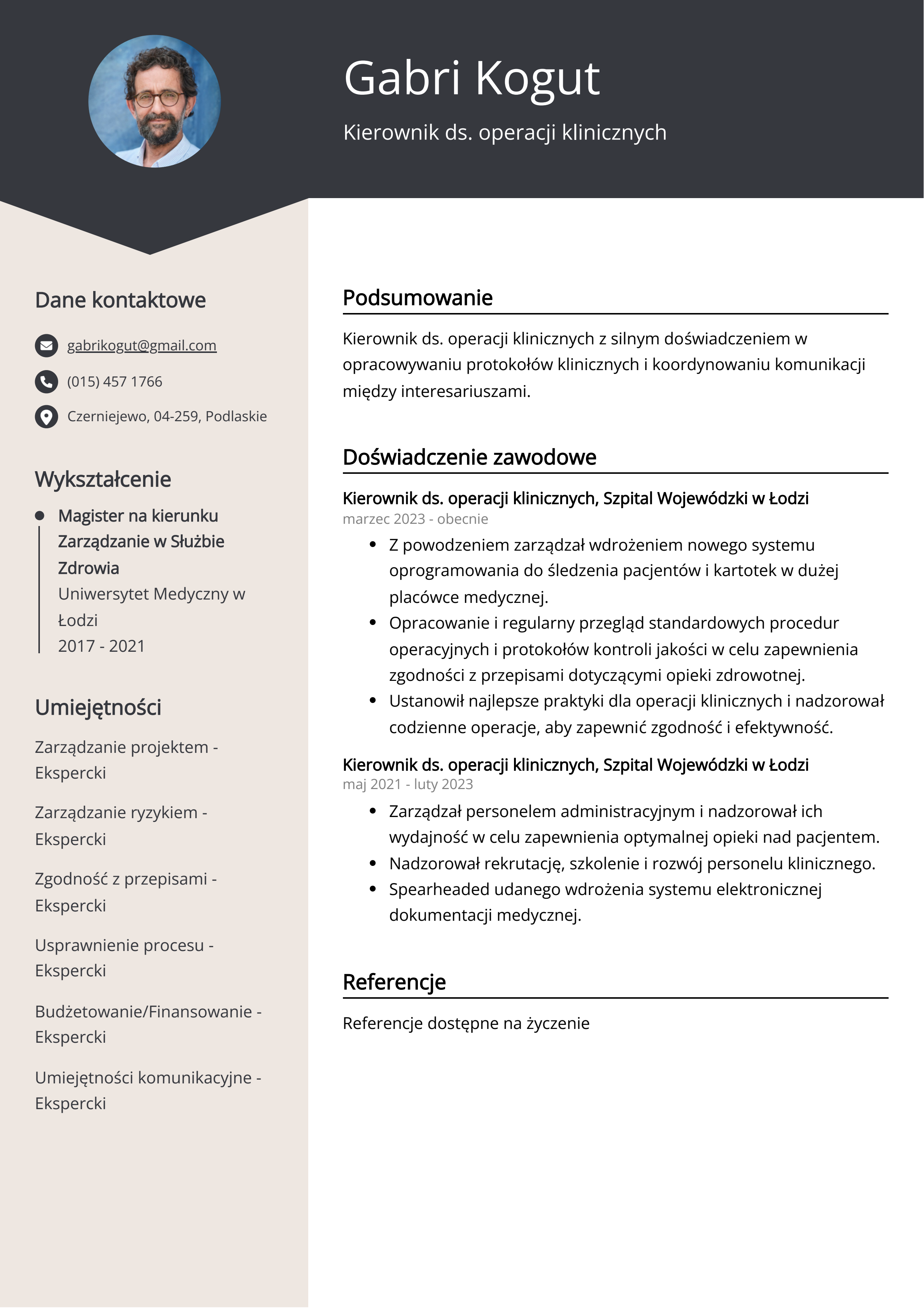 Kierownik ds. operacji klinicznych Przykład CV