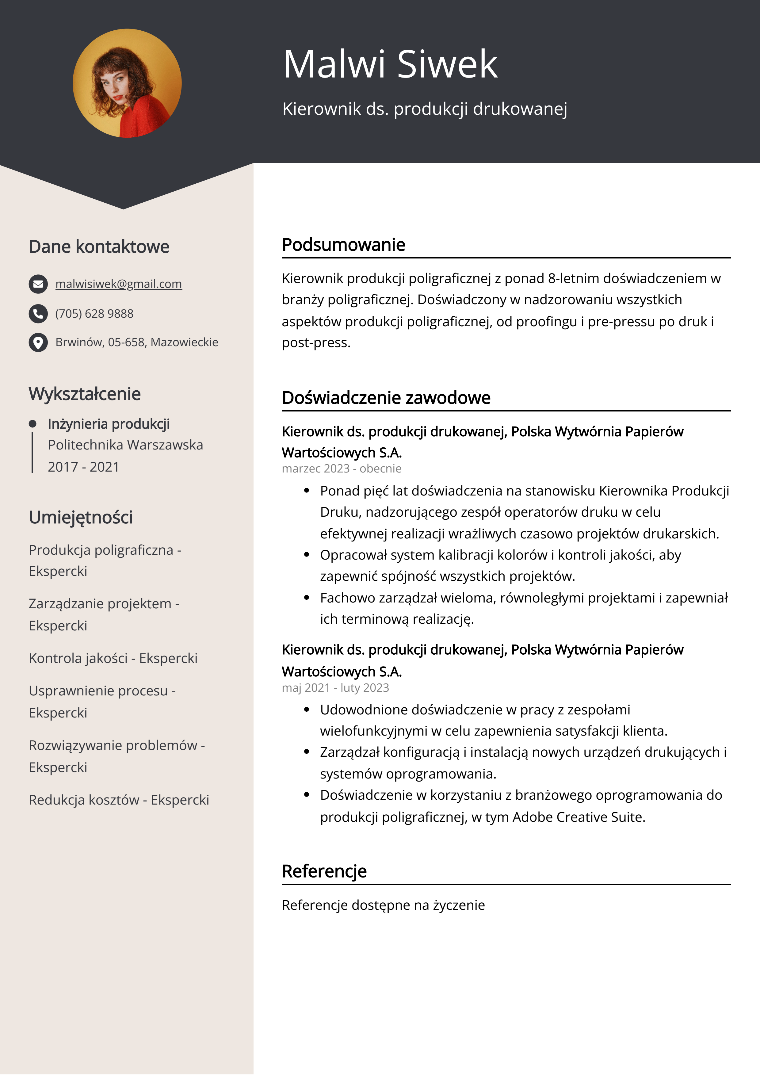 Kierownik ds. produkcji drukowanej Przykład CV