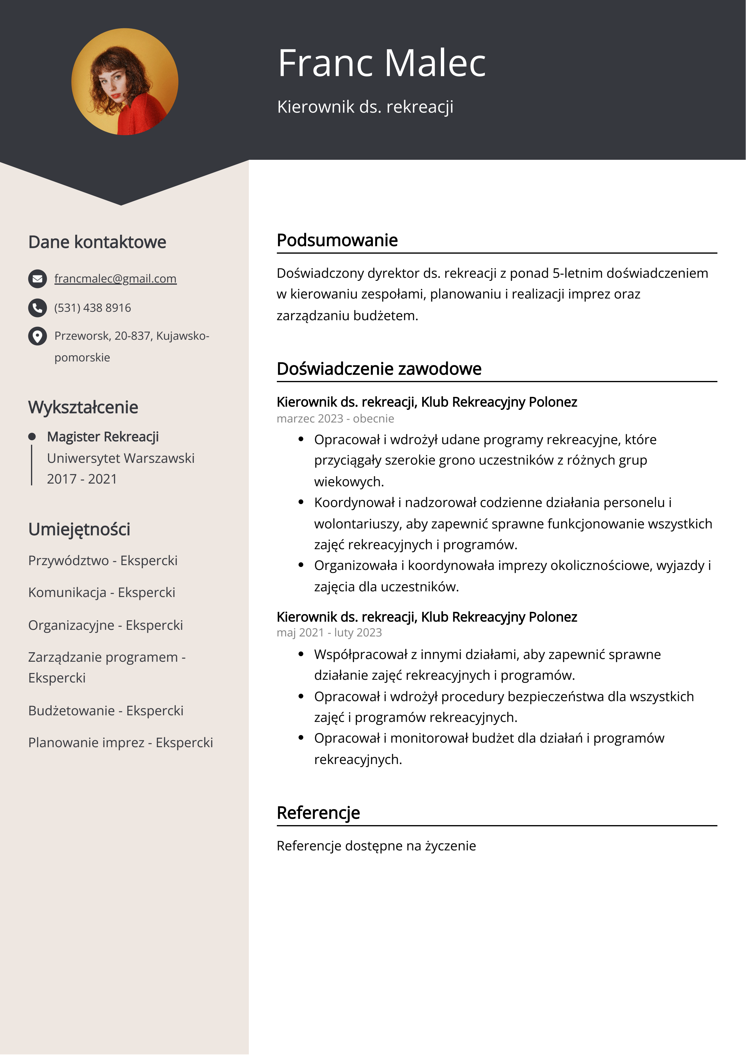 Kierownik ds. rekreacji Przykład CV