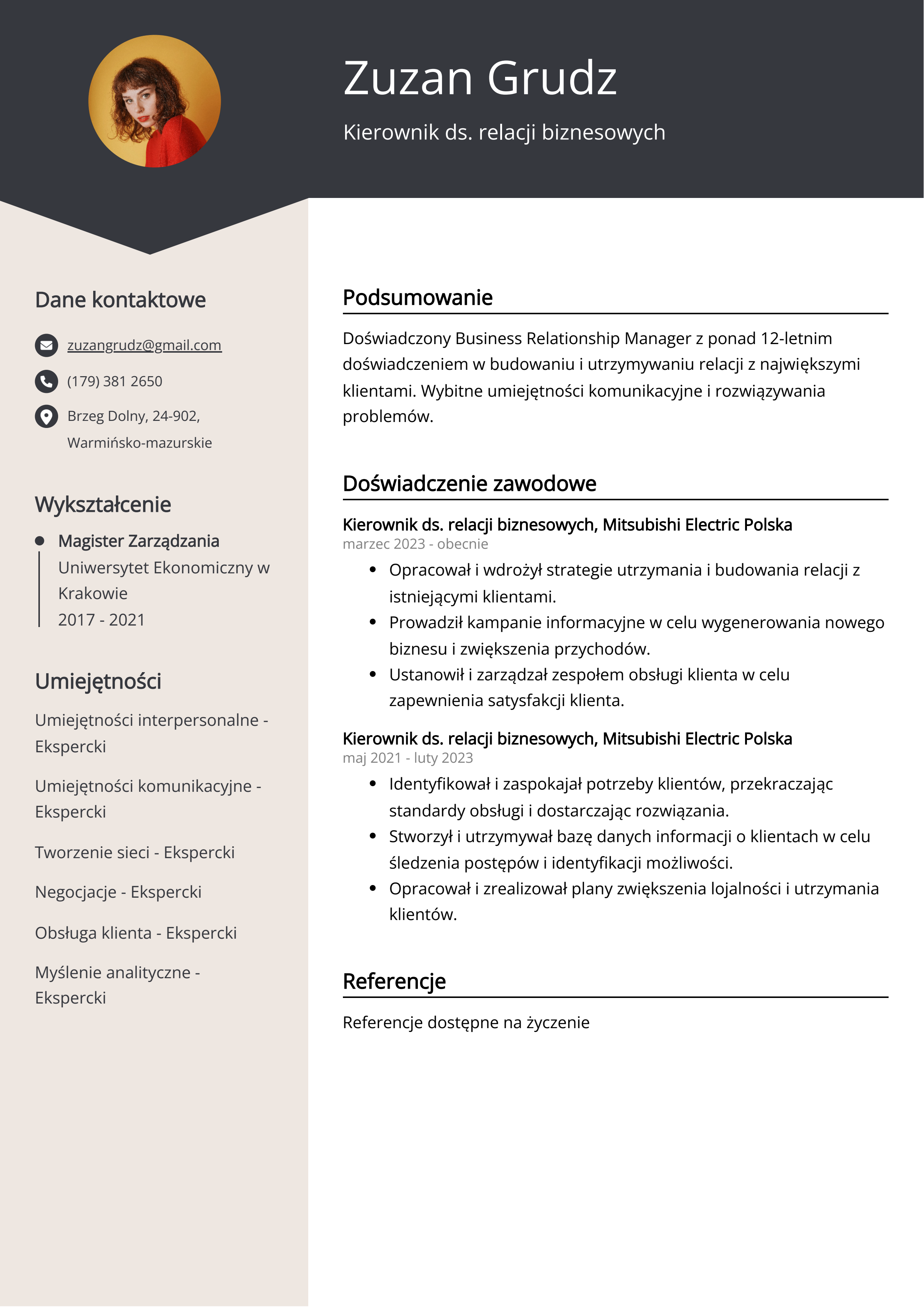 Kierownik ds. relacji biznesowych Przykład CV