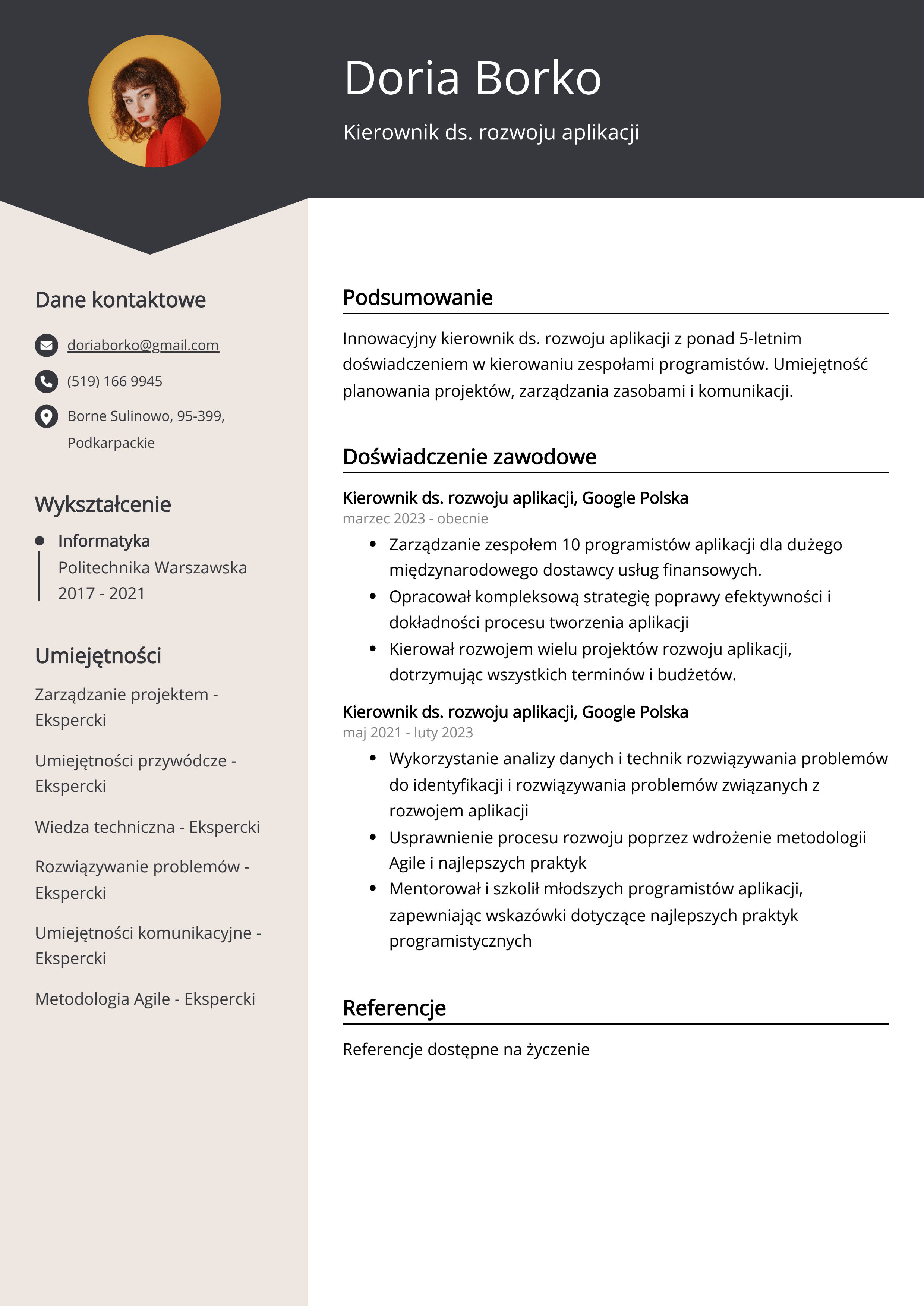 Kierownik ds. rozwoju aplikacji Przykład CV