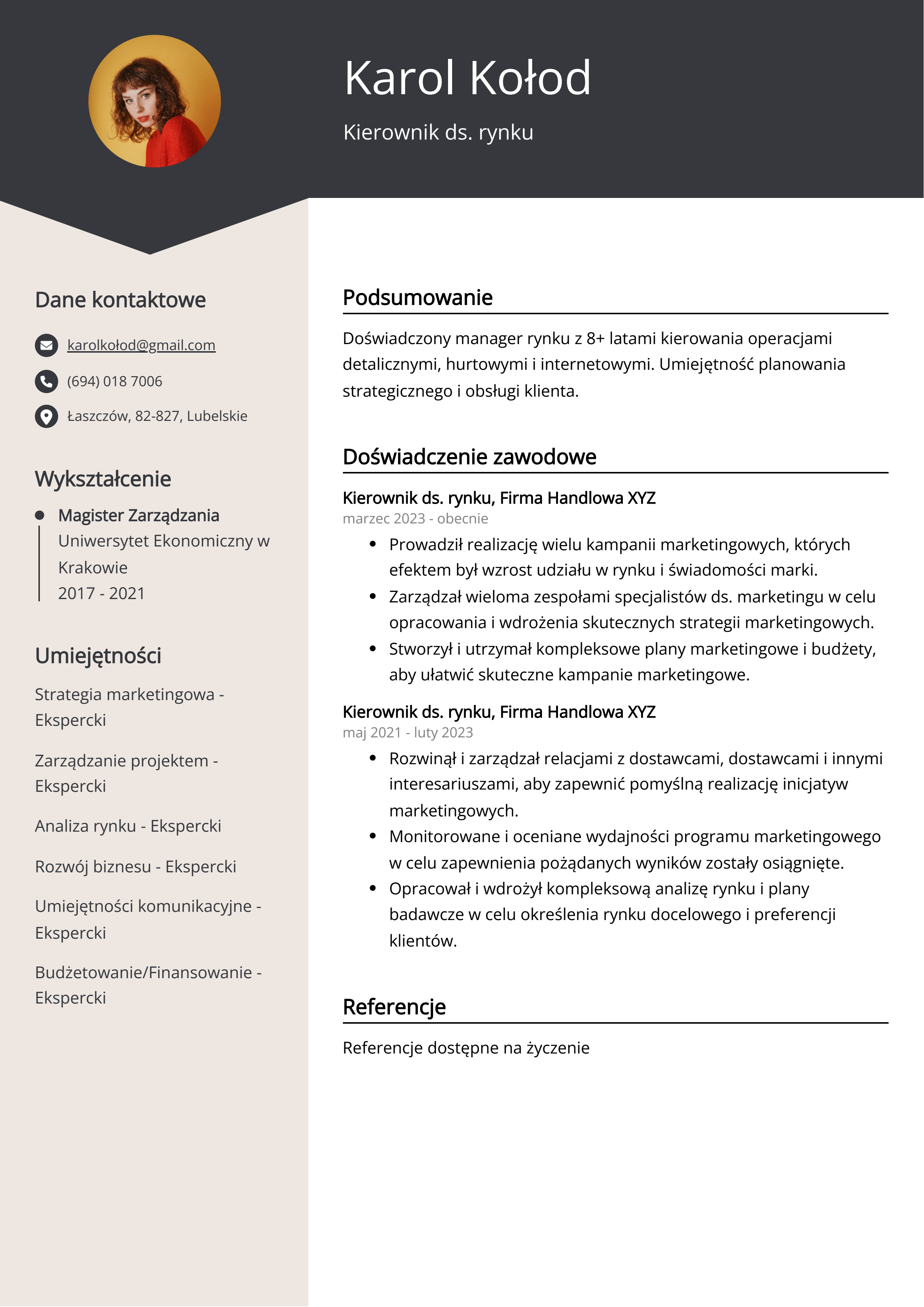 Kierownik ds. rynku Przykład CV