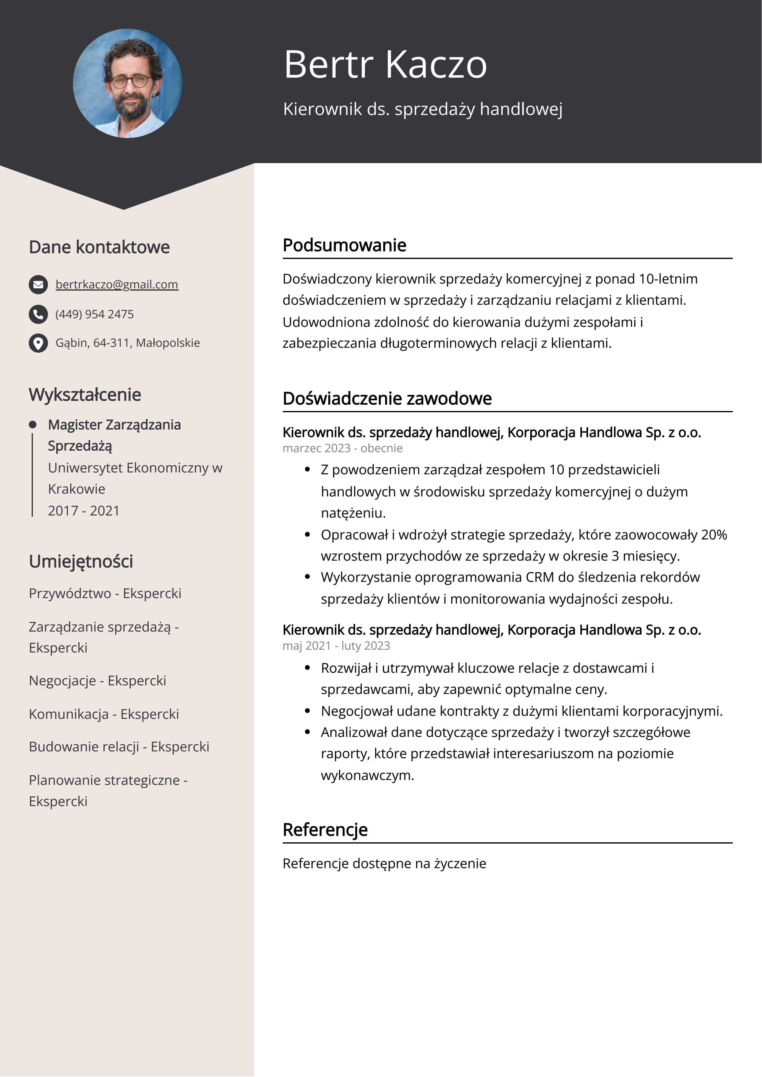 Kierownik ds. sprzedaży handlowej Przykład CV