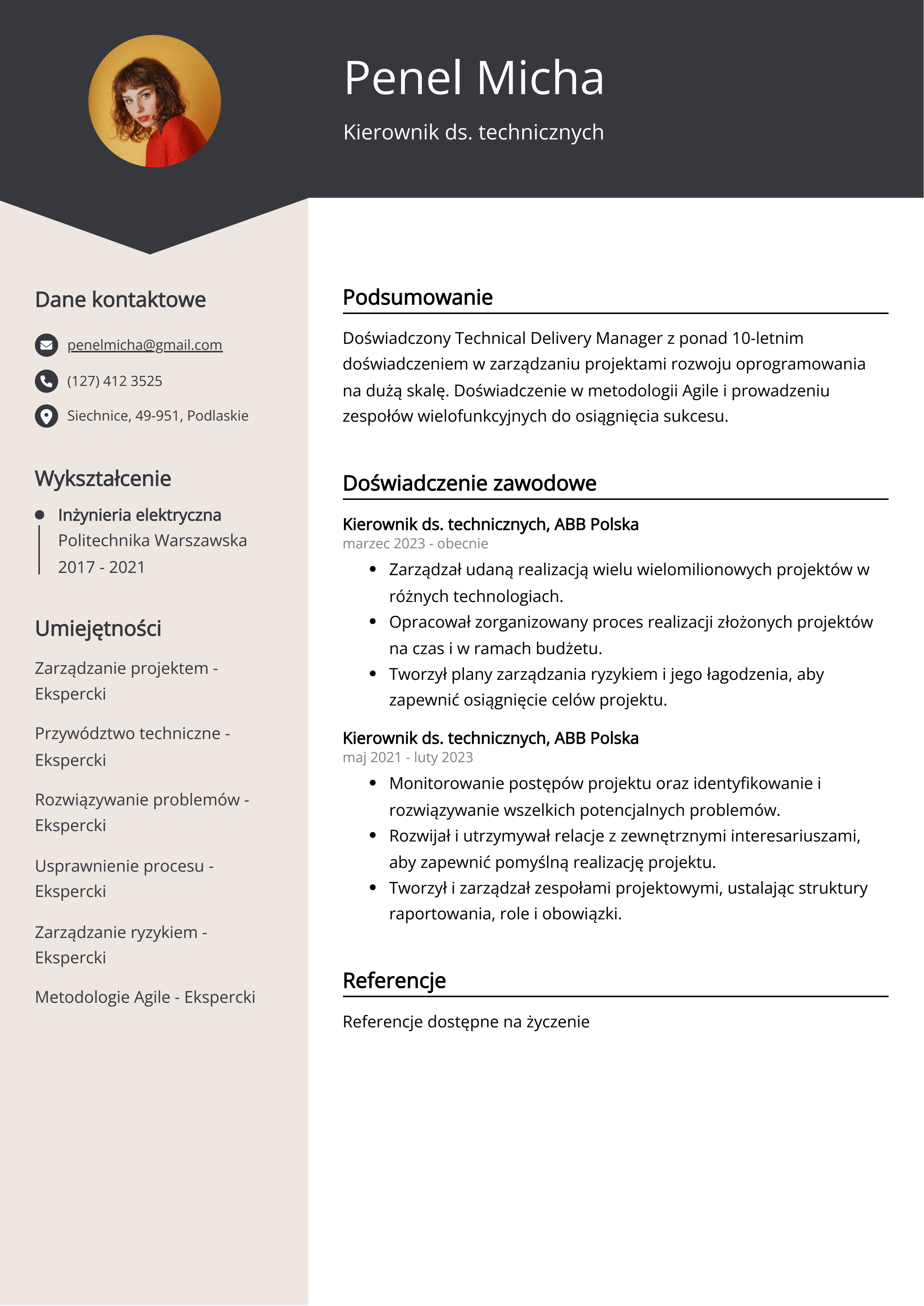 Kierownik ds. technicznych Przykład CV