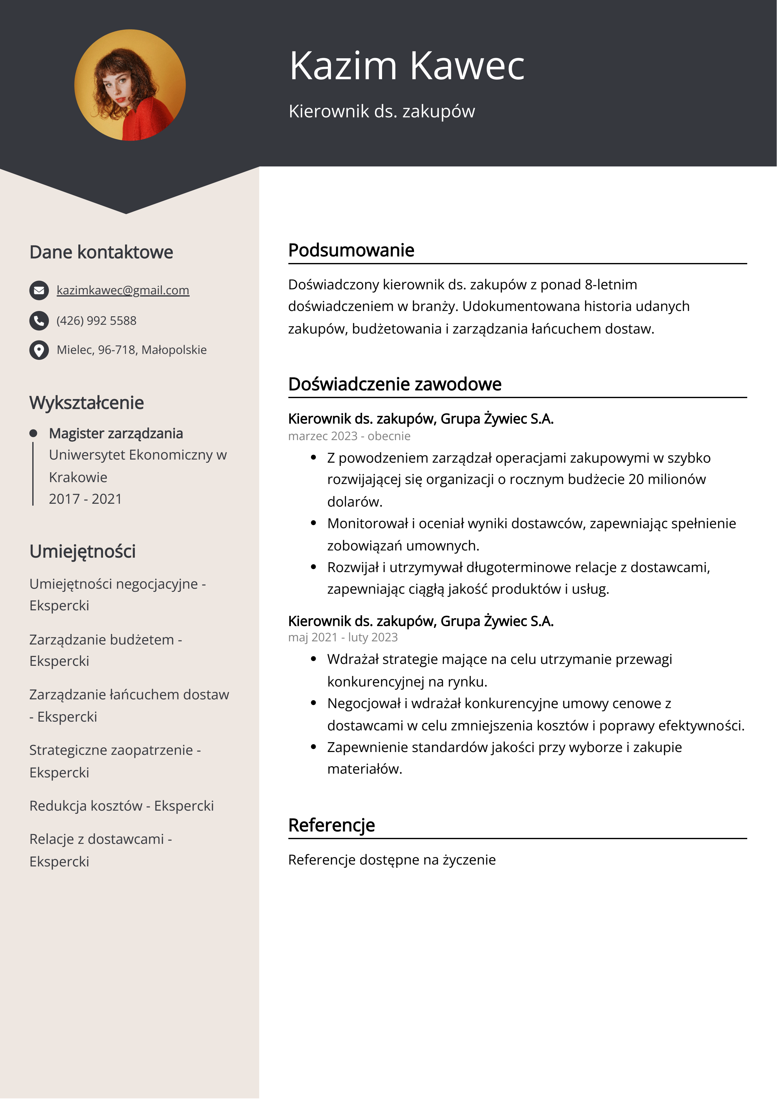 Kierownik ds. zakupów Przykład CV