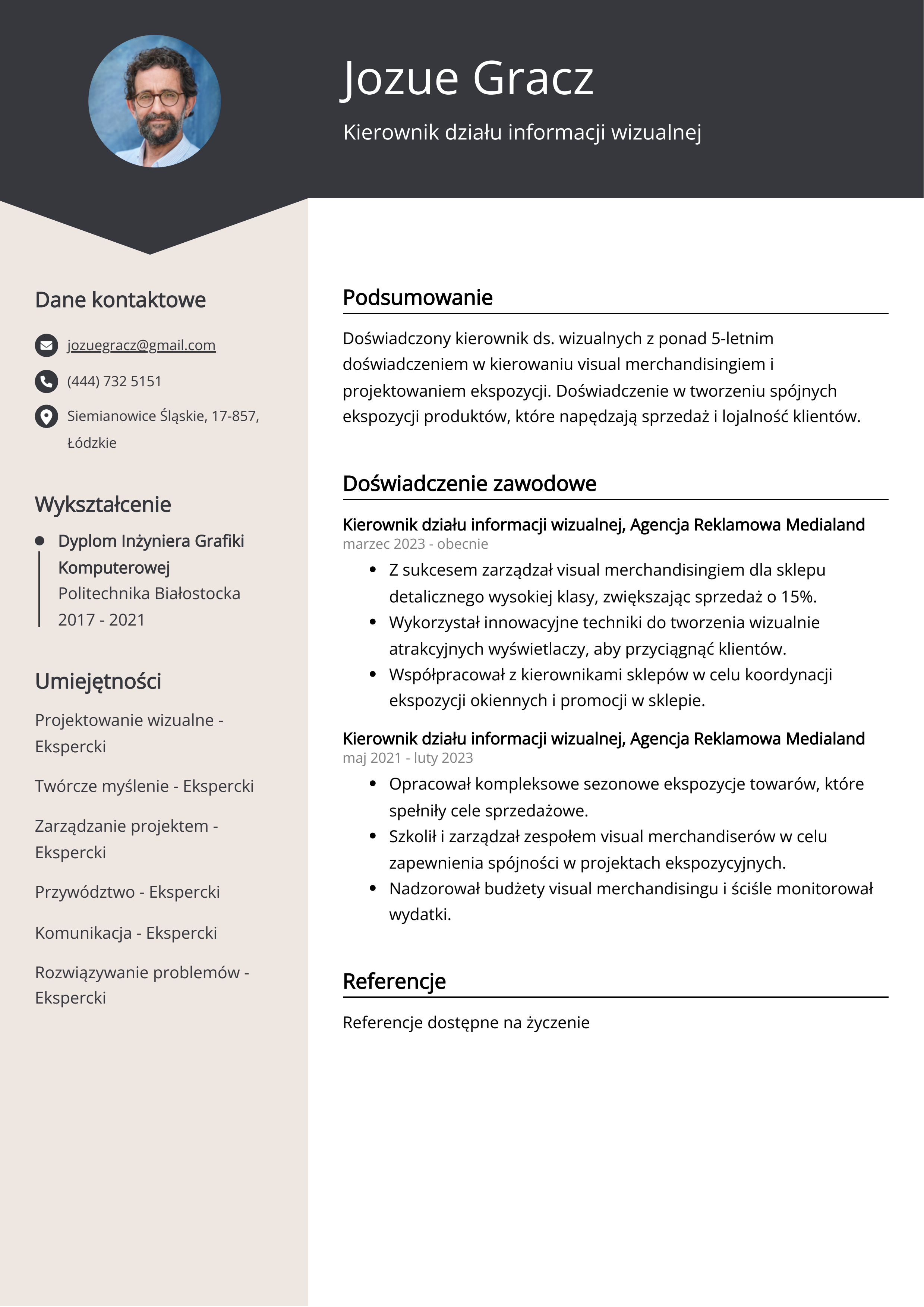 Kierownik działu informacji wizualnej Przykład CV