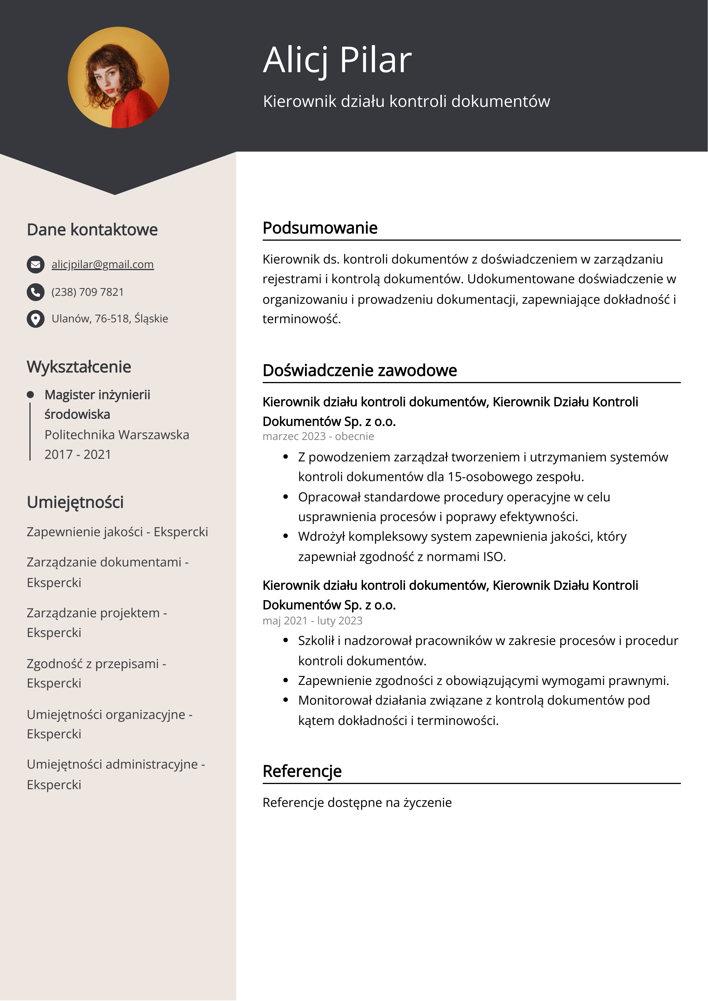 Kierownik działu kontroli dokumentów Przykład CV