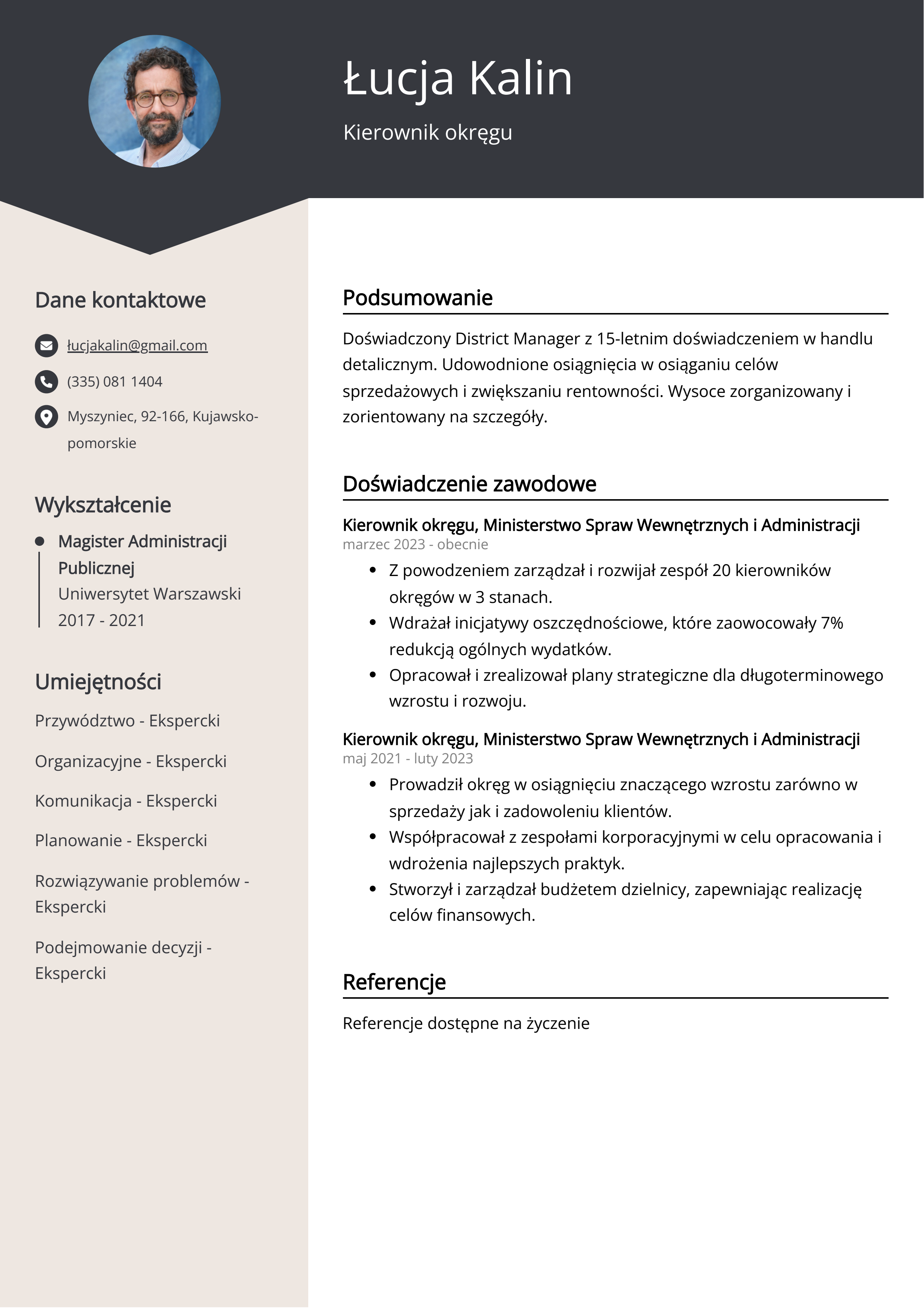 Kierownik okręgu Przykład CV