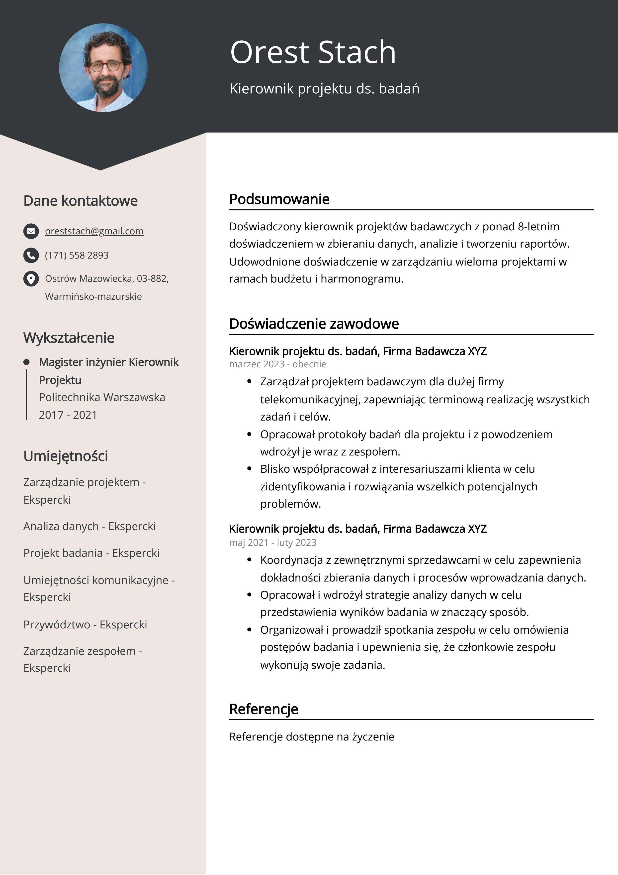 Kierownik projektu ds. badań Przykład CV