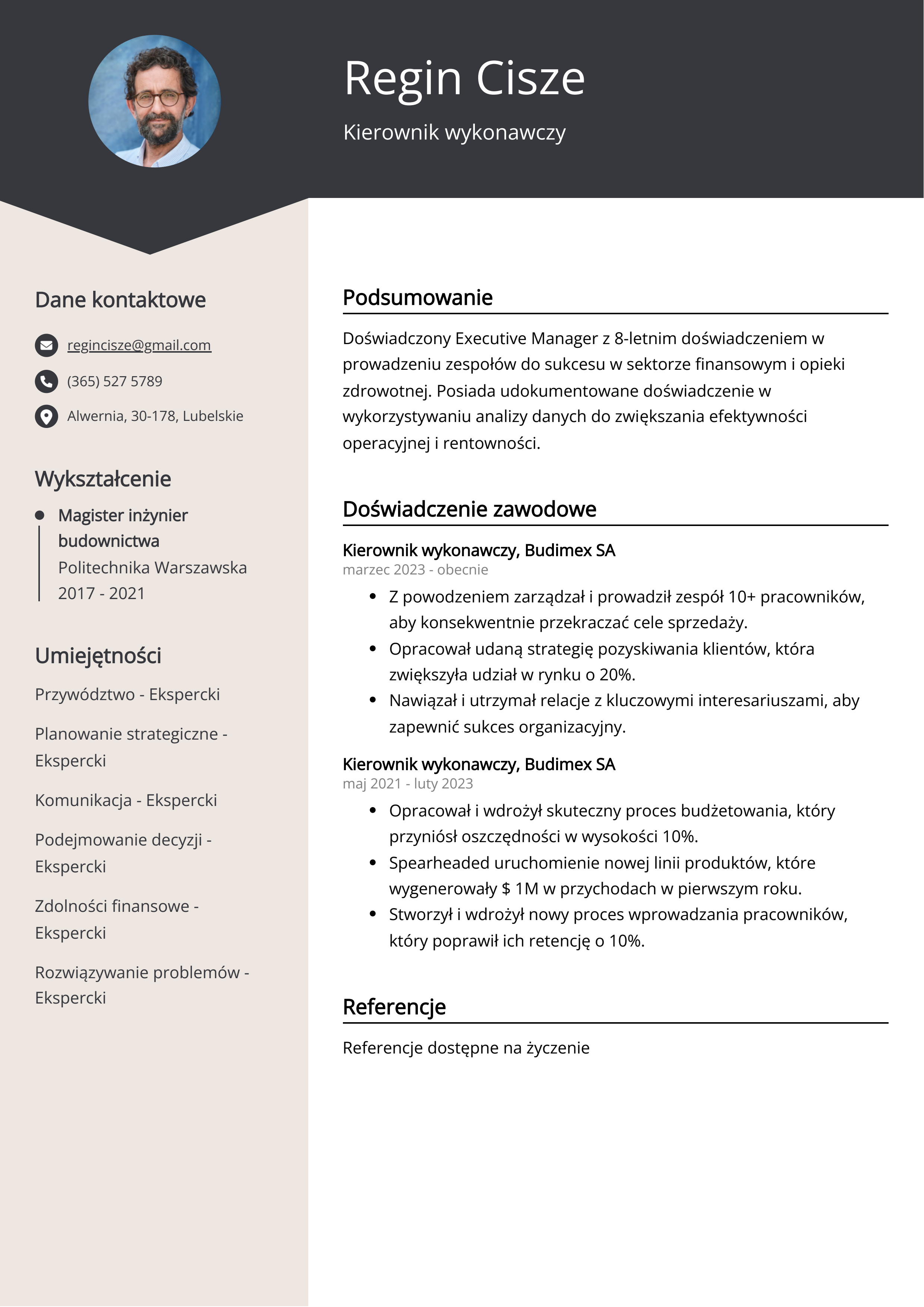 Kierownik wykonawczy Przykład CV