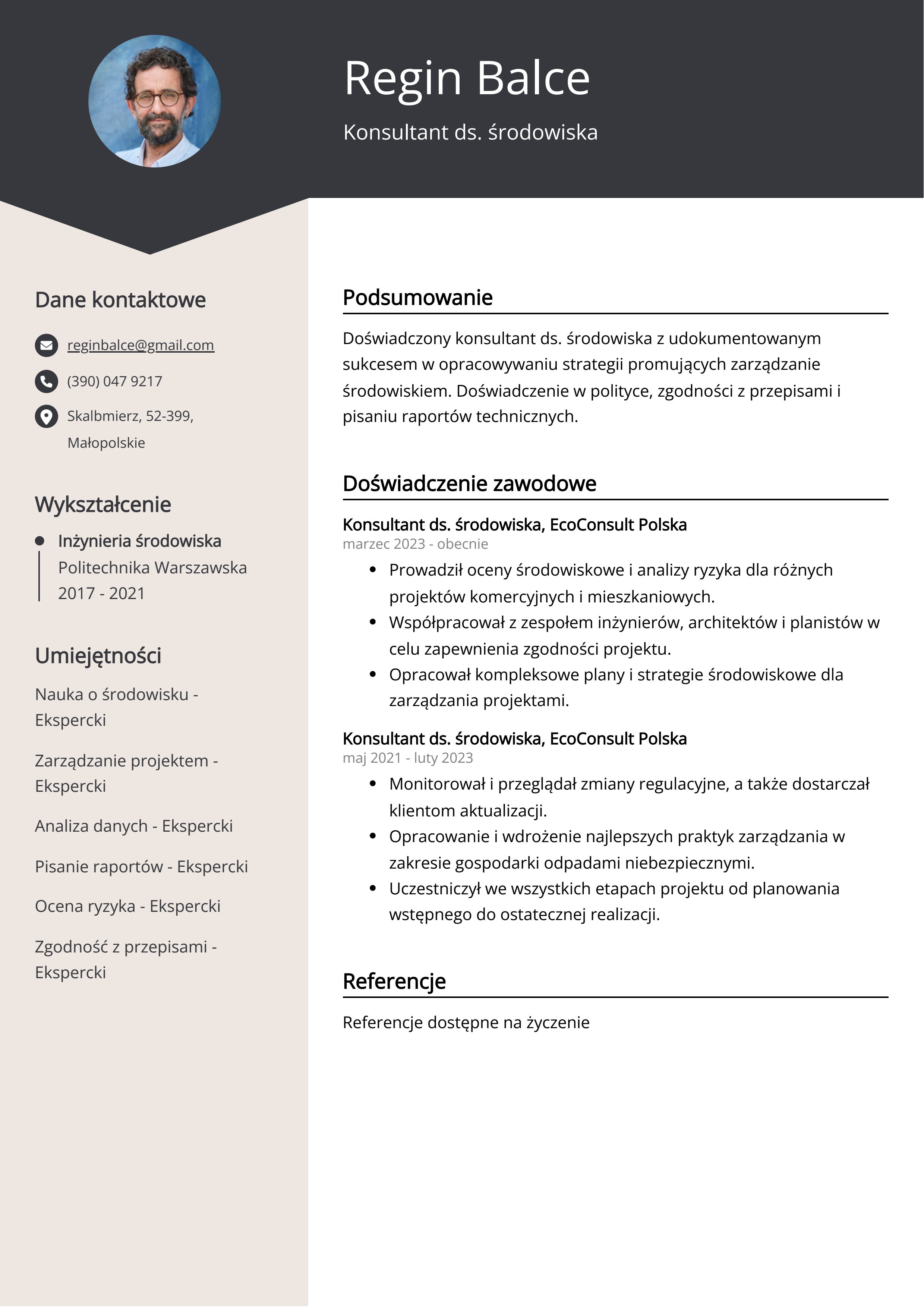 Konsultant ds. środowiska Przykład CV