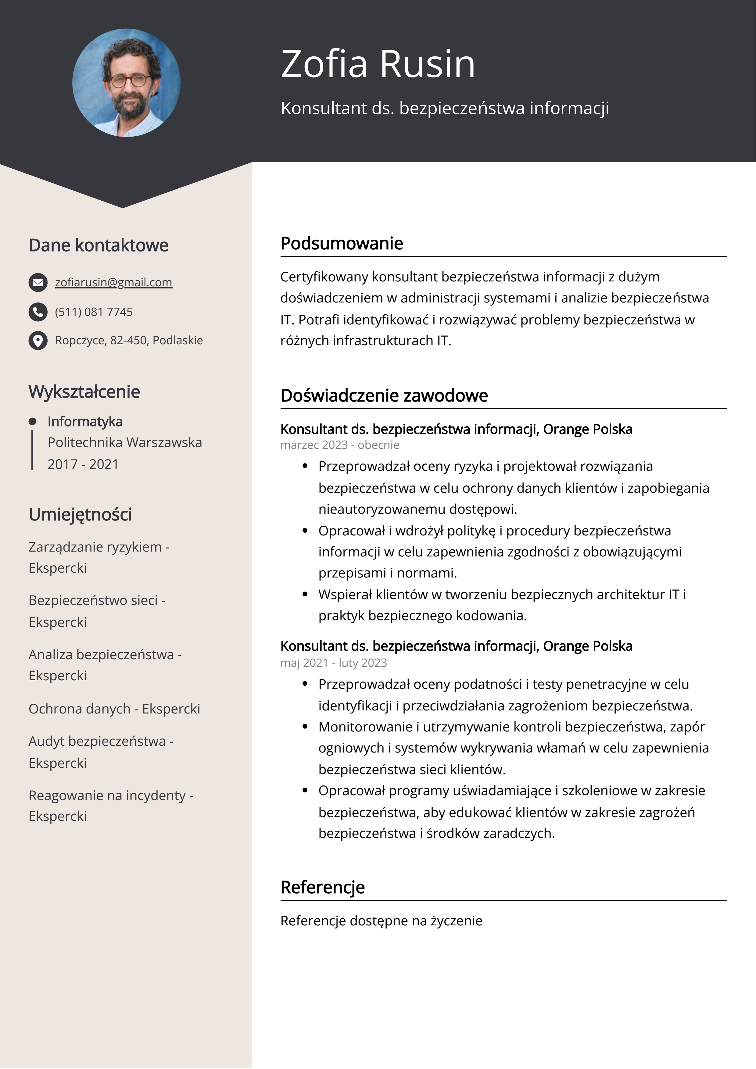 Konsultant ds. bezpieczeństwa informacji Przykład CV